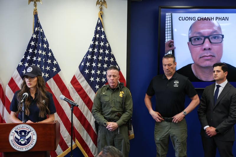 US Department of Homeland Security Secretary Kristi Noem (L) speaks during a news conference alongside (L/R) Gregory Bovino, Chief Patrol Agent at the El Centro Sector of US Customs and Border Patrol,  Acting ICE Director Todd Lyons, and US Attorney for the Central District of California Bilal Essayli