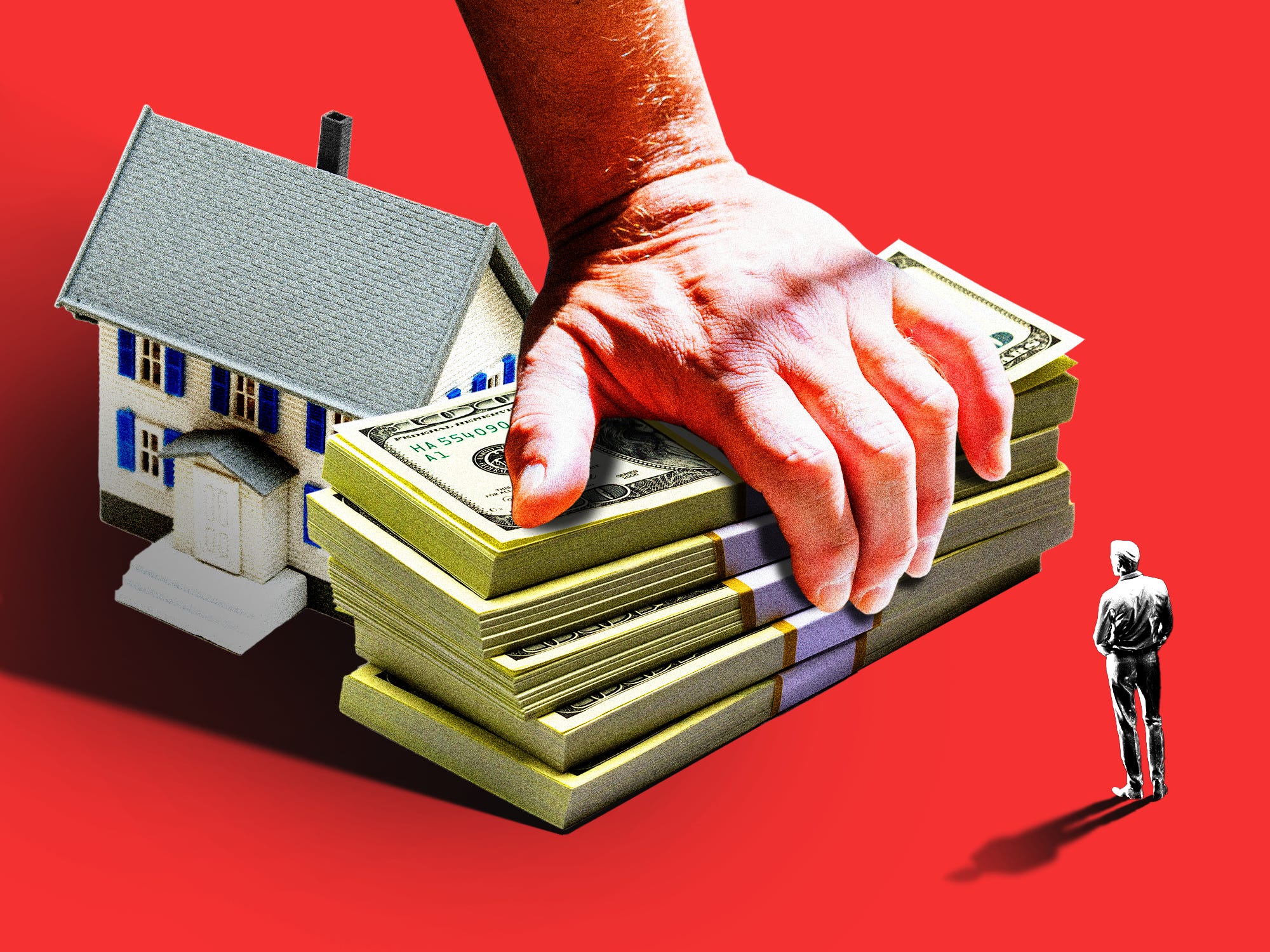 A Boomer's hand gripping onto a stack of cash and a house while a younger individual stares