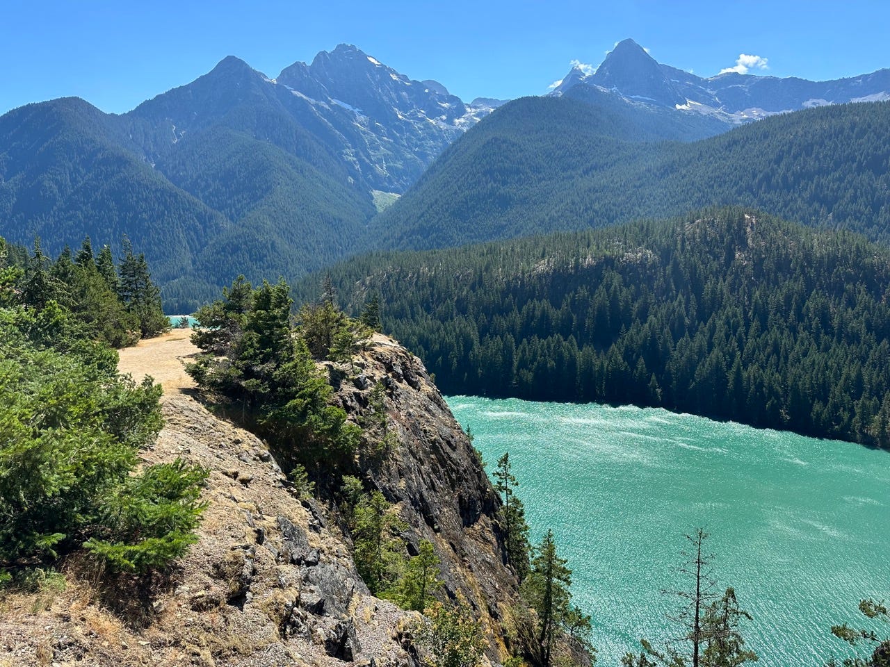 View of mountains, trees overlooking lake