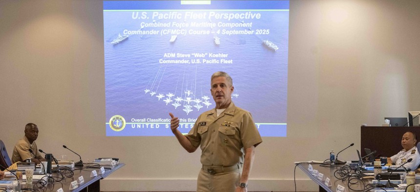 Adm. Steve Koehler, commander of U.S. Pacific Fleet, speaks to students and faculty during the Combined Force Maritime Component Commander flag course at Joint Base Pearl Harbor-Hickam, Sept. 4, 2025.