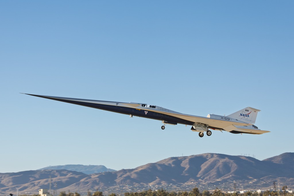 NASA's X-59 quiet supersonic jet takes its maiden flight over Palmdale, California.