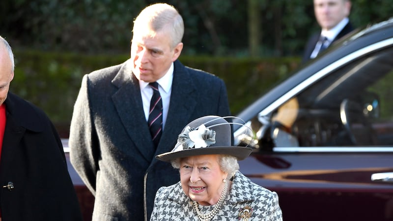 KING'S LYNN, ENGLAND - JANUARY 19: Queen Elizabeth II and Prince Andrew, Duke of York attend church at St Mary the Virgin church at Hillington in Sandringham on January 19, 2020 in King's Lynn, England. (Photo by Karwai Tang/WireImage)