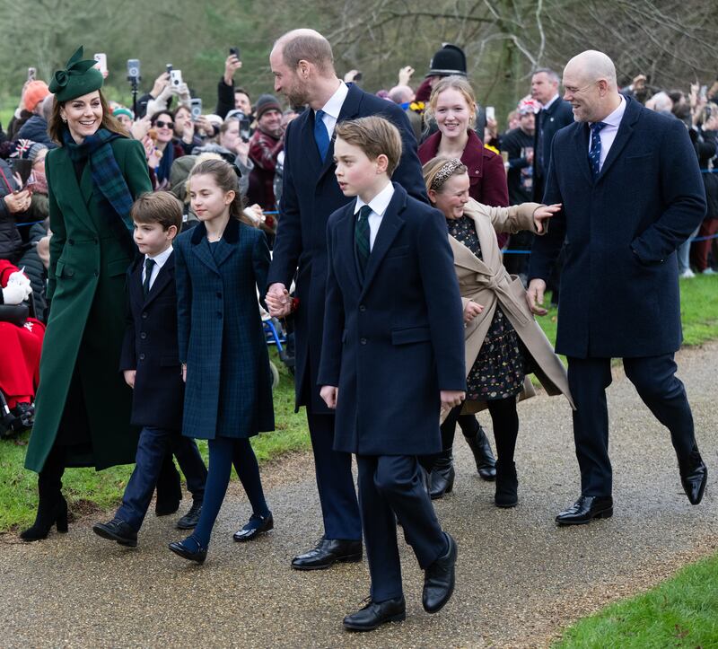 SANDRINGHAM, NORFOLK - DECEMBER 25: Catherine, Princess of Wales, Prince Louis of Wales, Princess Charlotte of Wales, Prince William, Prince of Wales Prince George of Wales, Savannah Phillips, Mia Tindall and Mike Tindall attend the Christmas Morning Service at Sandringham Church on December 25, 2024 in Sandringham, Norfolk. (Photo by Samir Hussein/WireImage)