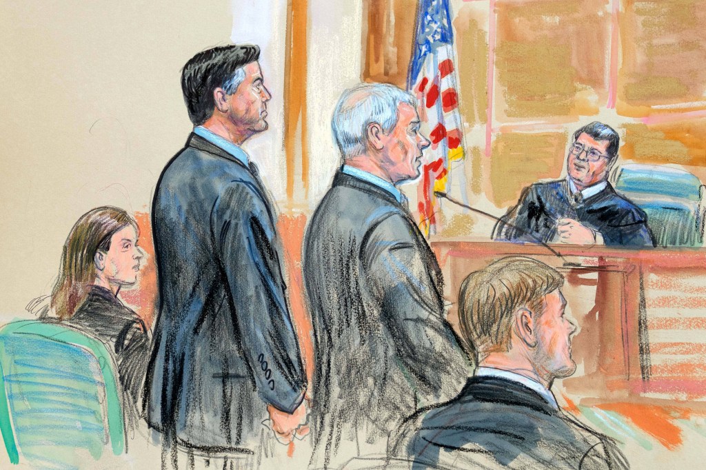 Illustration of former FBI Director James Comey and his attorneys during his arraignment.