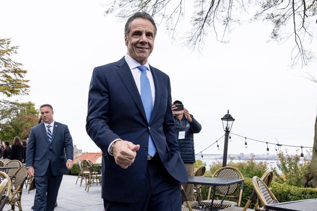 Andrew Cuomo speaks to press and supporters at Casa Belvedere in Staten Island.