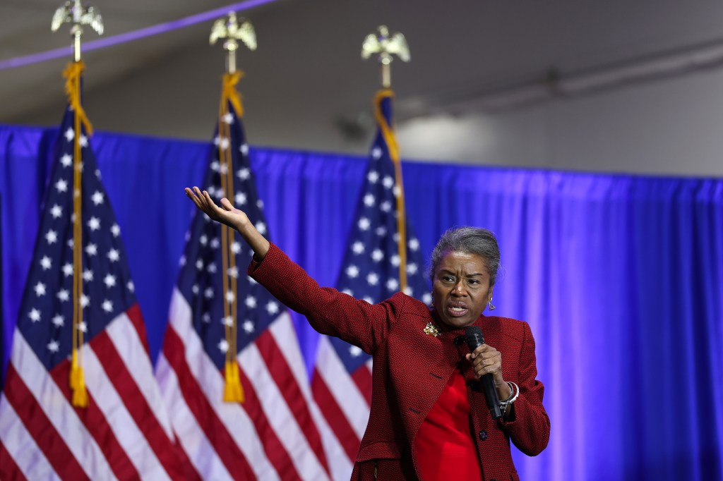 Winsome Earle-Sears speaks during a campaign event at the Rockingham County Fair in Harrisonburg, Virginia, on Oct. 30, 2025.
