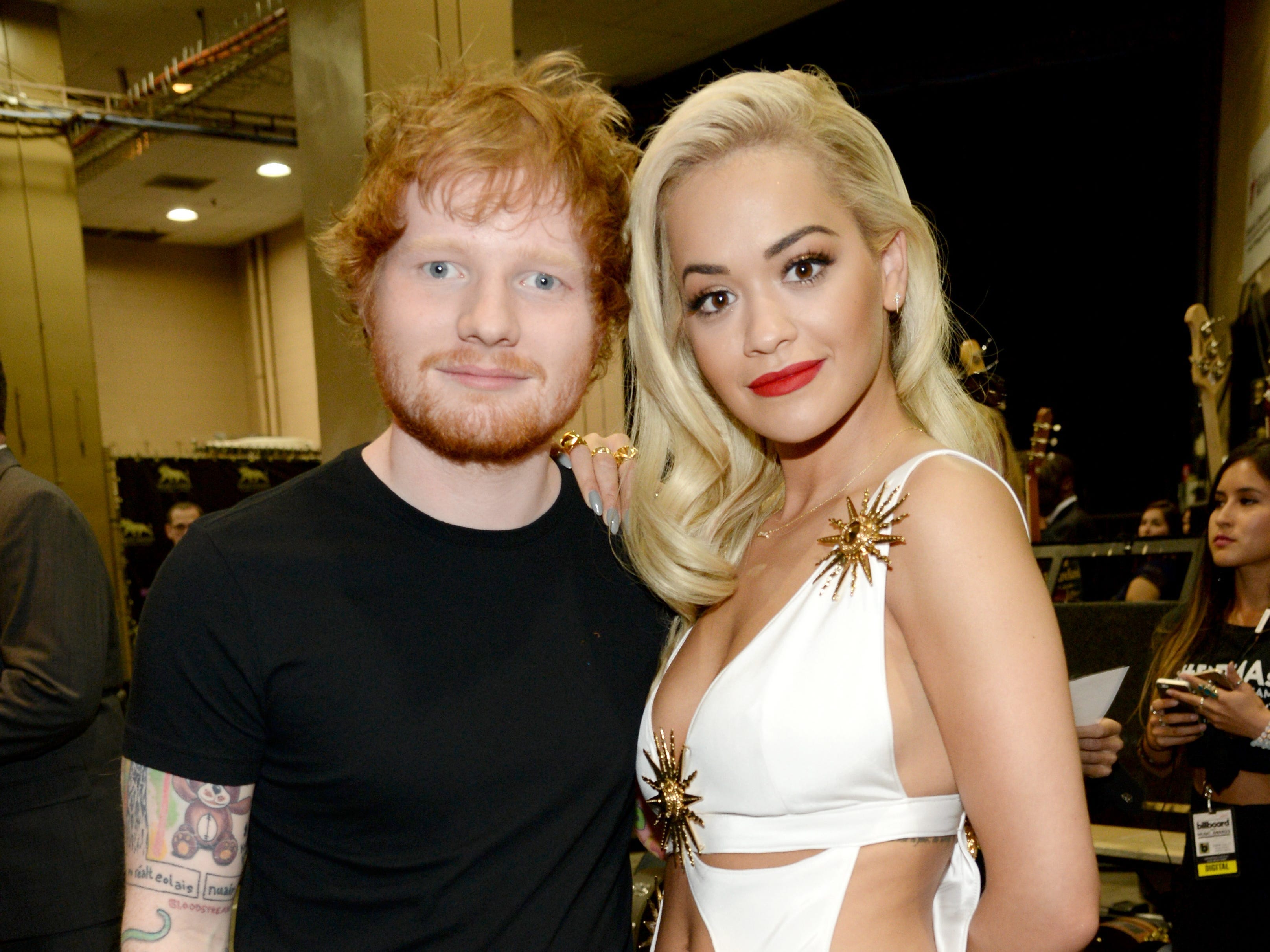 Recording artists Ed Sheeran (L) and Rita Ora pose backstage at the 2015 Billboard Music Awards at MGM Grand Garden Arena on May 17, 2015 in Las Vegas, Nevada