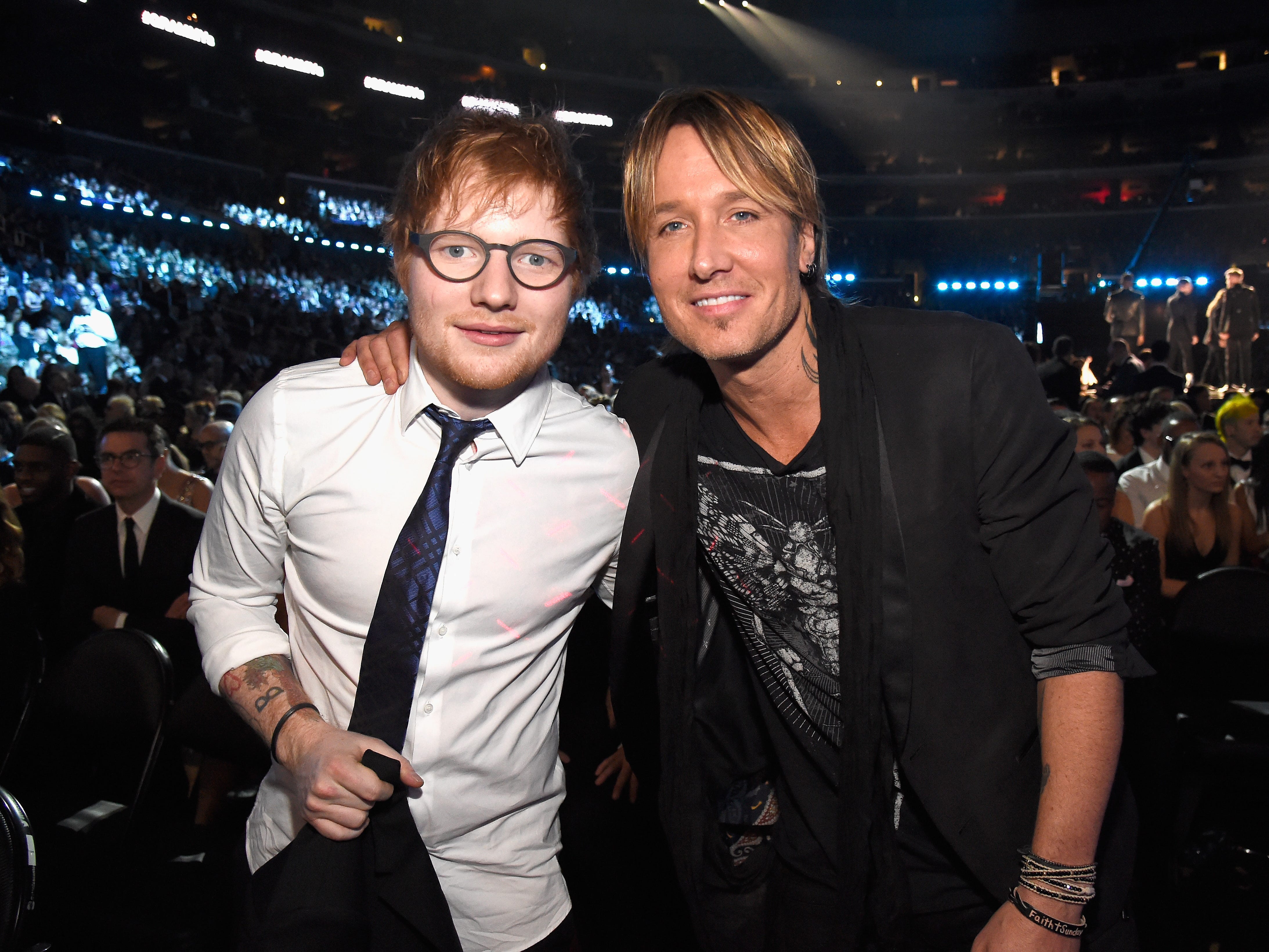 Ed Sheeran and Keith Urban during The 59th GRAMMY Awards at STAPLES Center on February 12, 2017