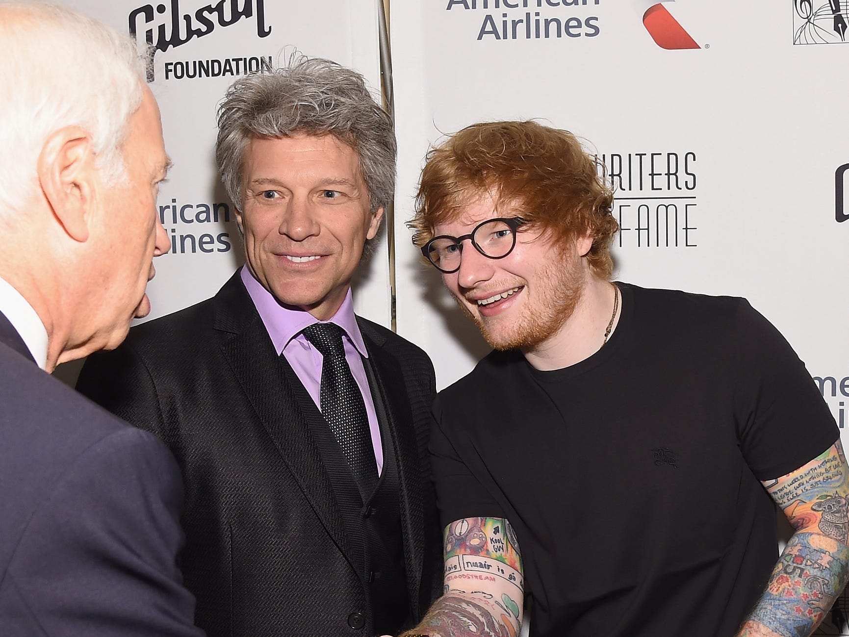 Sony Music CEO Martin Bandier, Jon Bon Jovi and Hal David Starlight Award Winner Ed Sheeran pose backstage at the Songwriters Hall Of Fame 48th Annual Induction and Awards at New York Marriott Marquis Hotel on June 15, 2017