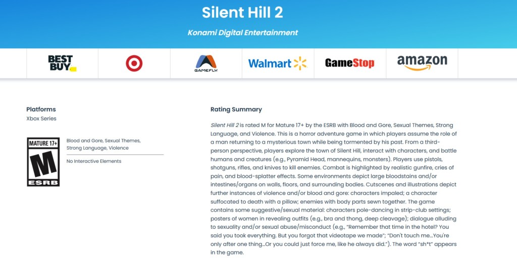 Silent Hill 2 Xbox ESRB Rating Leak