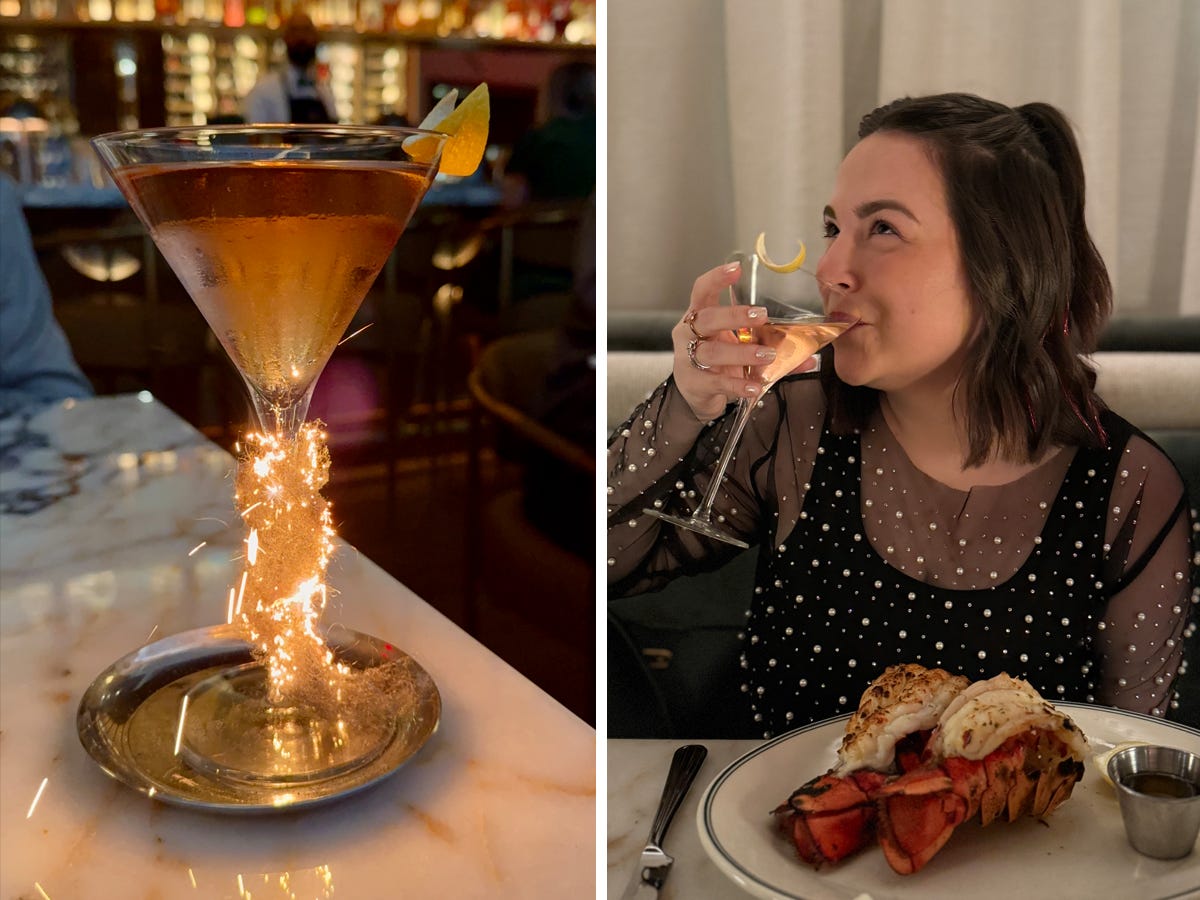 Composite of cocktail with sparkling stem next to author Kelsey Huson sipping cocktail