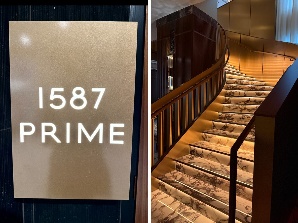 Composite of photo of 1587 Prime sign next to photo of marble staircase with lights