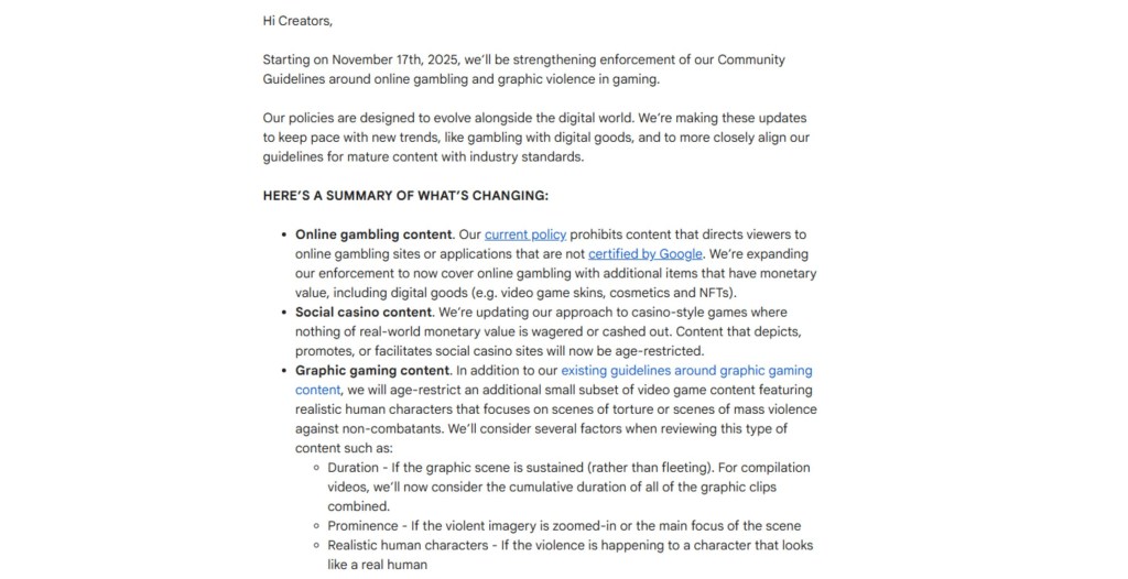 YouTube Gaming Policy Update Violence NPCs