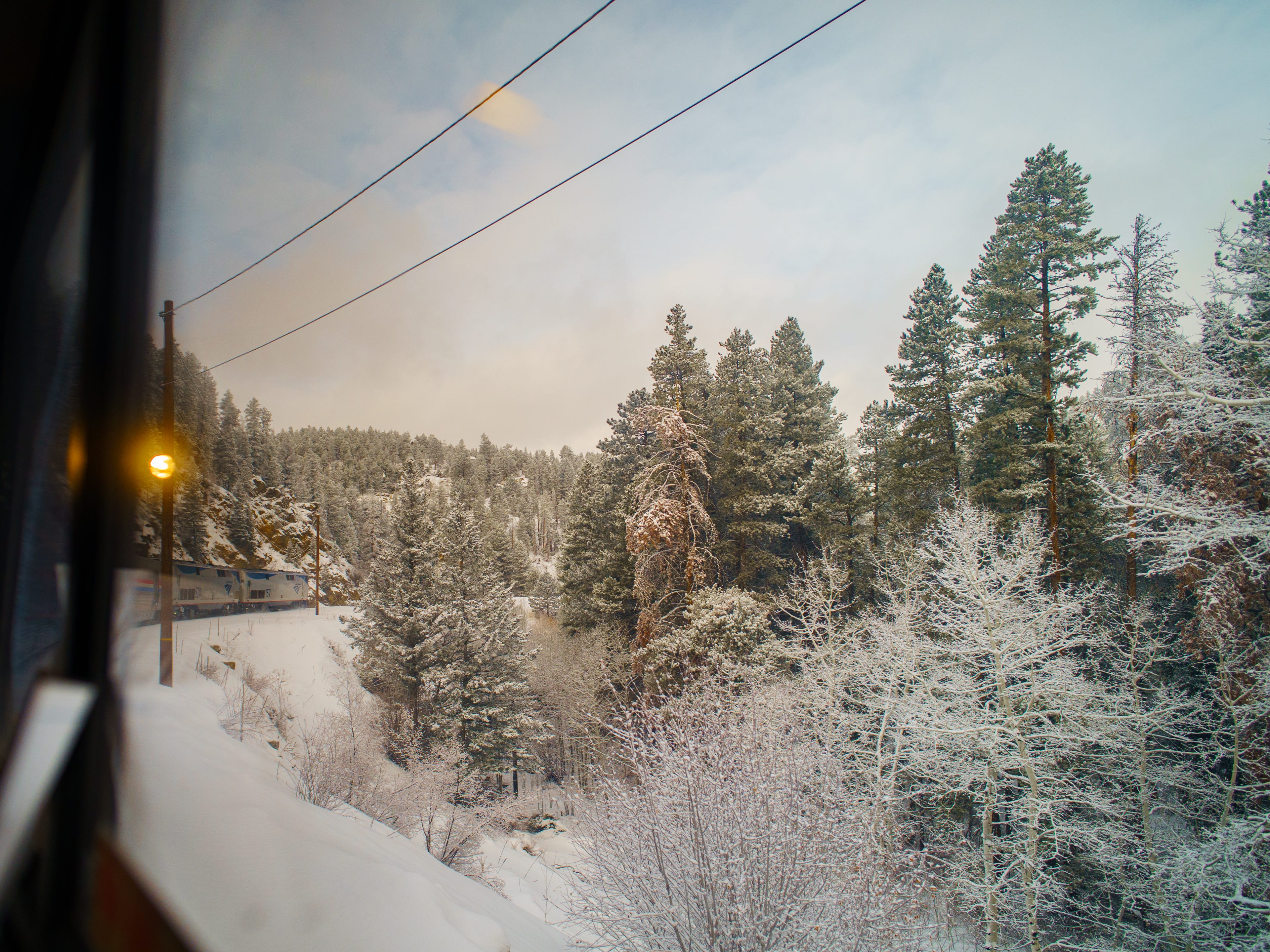 A snowy forest surrounding railroad tracks seen from a train window