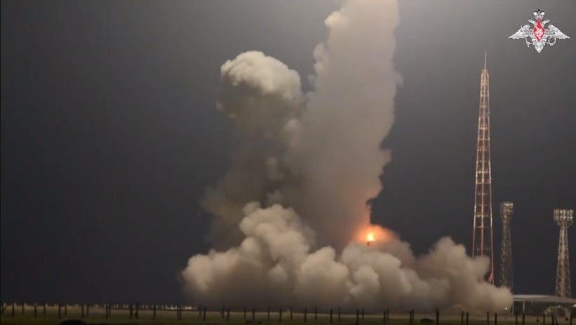 A screen grab captured from the video shows a test-launch of an intercontinental ballistic missile at the Kapustin Yar training ground in Russia's southern Astrakhan region near the Caspian Sea, where the missile was launched from a movable ground missile launch vehicle, the Defense Ministry said in a statement in Astrakhan, Russia on April 12, 2024.