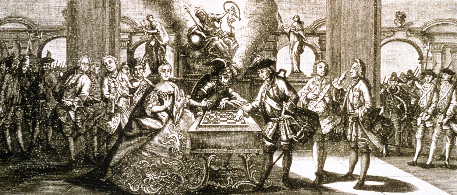 An engraving shows three figures around a chess board with others around them in a hall of statues.