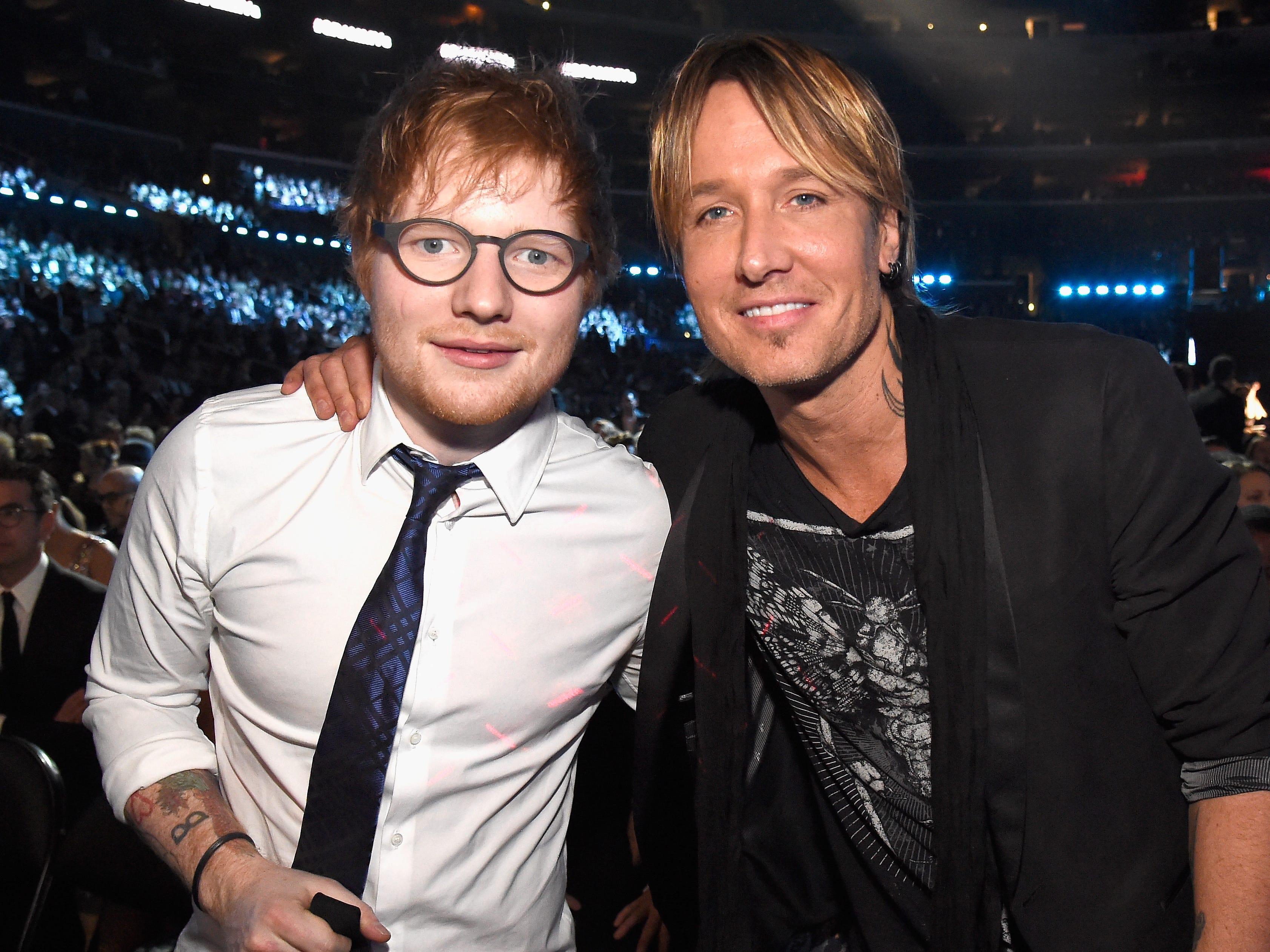 Ed Sheeran and Keith Urban during The 59th GRAMMY Awards at STAPLES Center on February 12, 2017