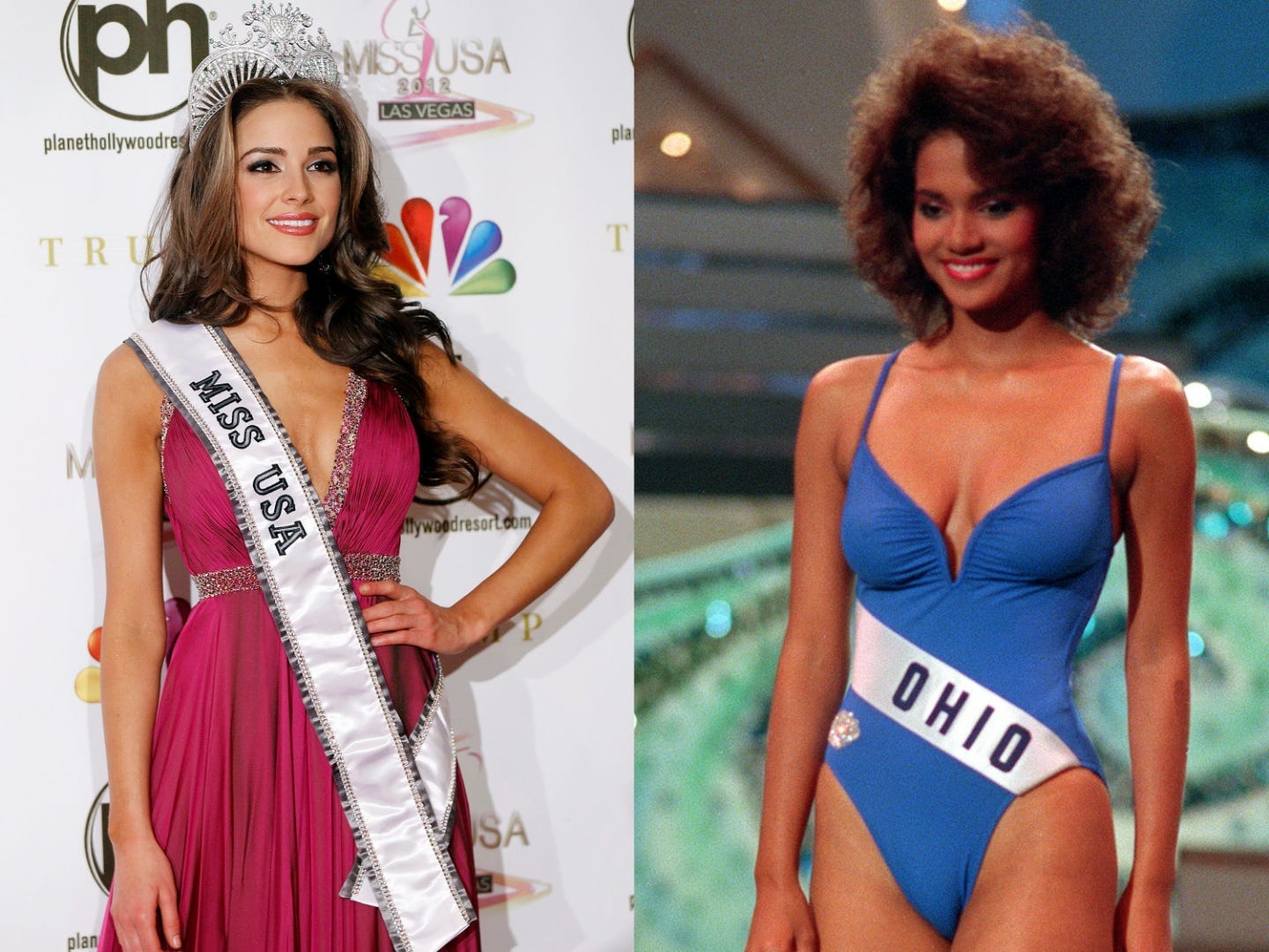 A side-by-side of Olivia Culpo and Halle Berry.