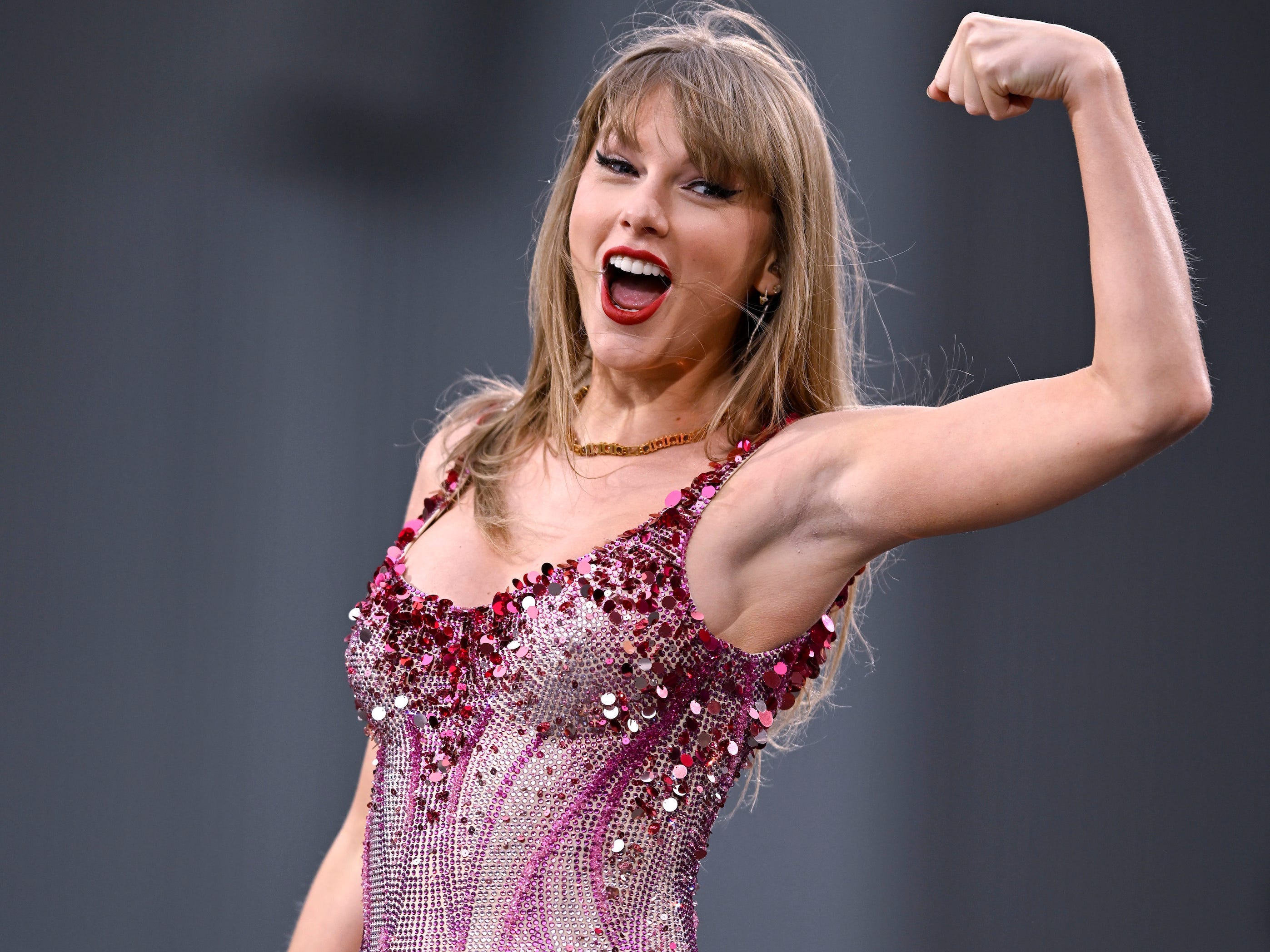 Taylor Swift performs during the Eras Tour in Liverpool, England.