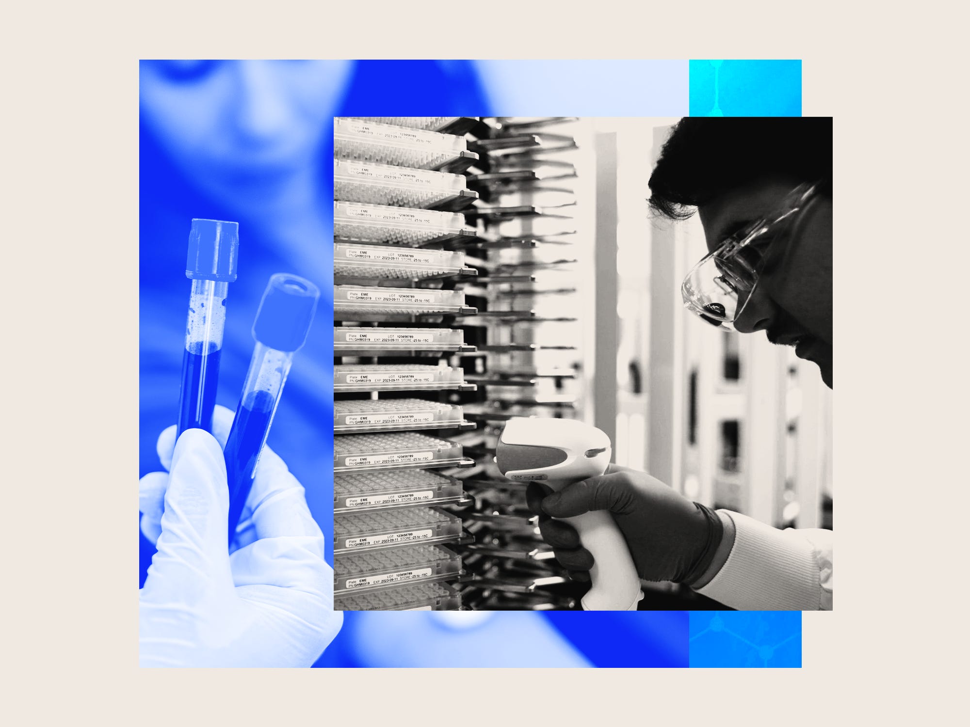 A photo collage featuring a guardant employee working on samples, doctor holding blood samples, and a transforming treatment pattern.