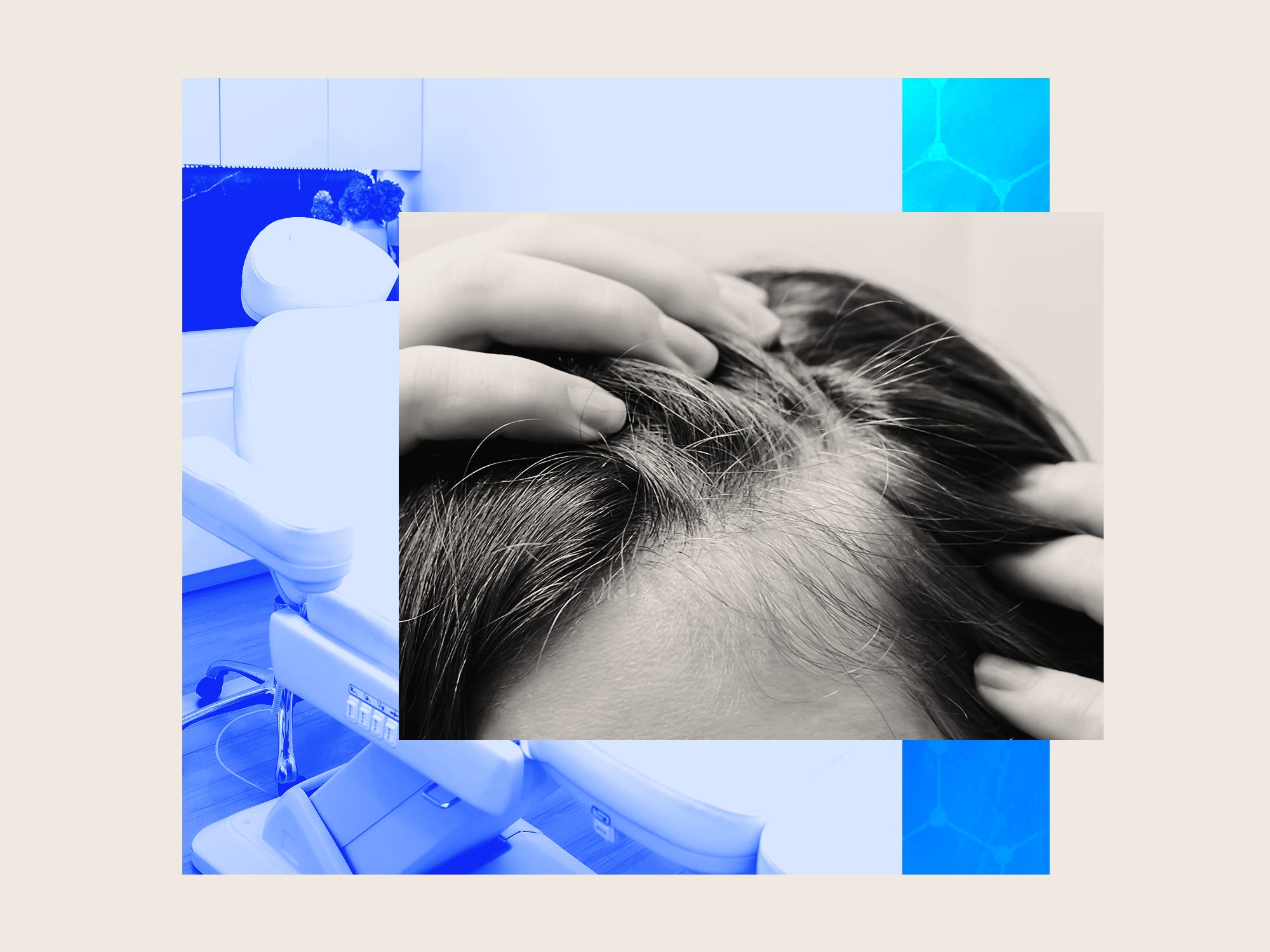 A photo collage features a photo of a Woman touching her hair close-up, a modern clinic, and a transforming treatment pattern.