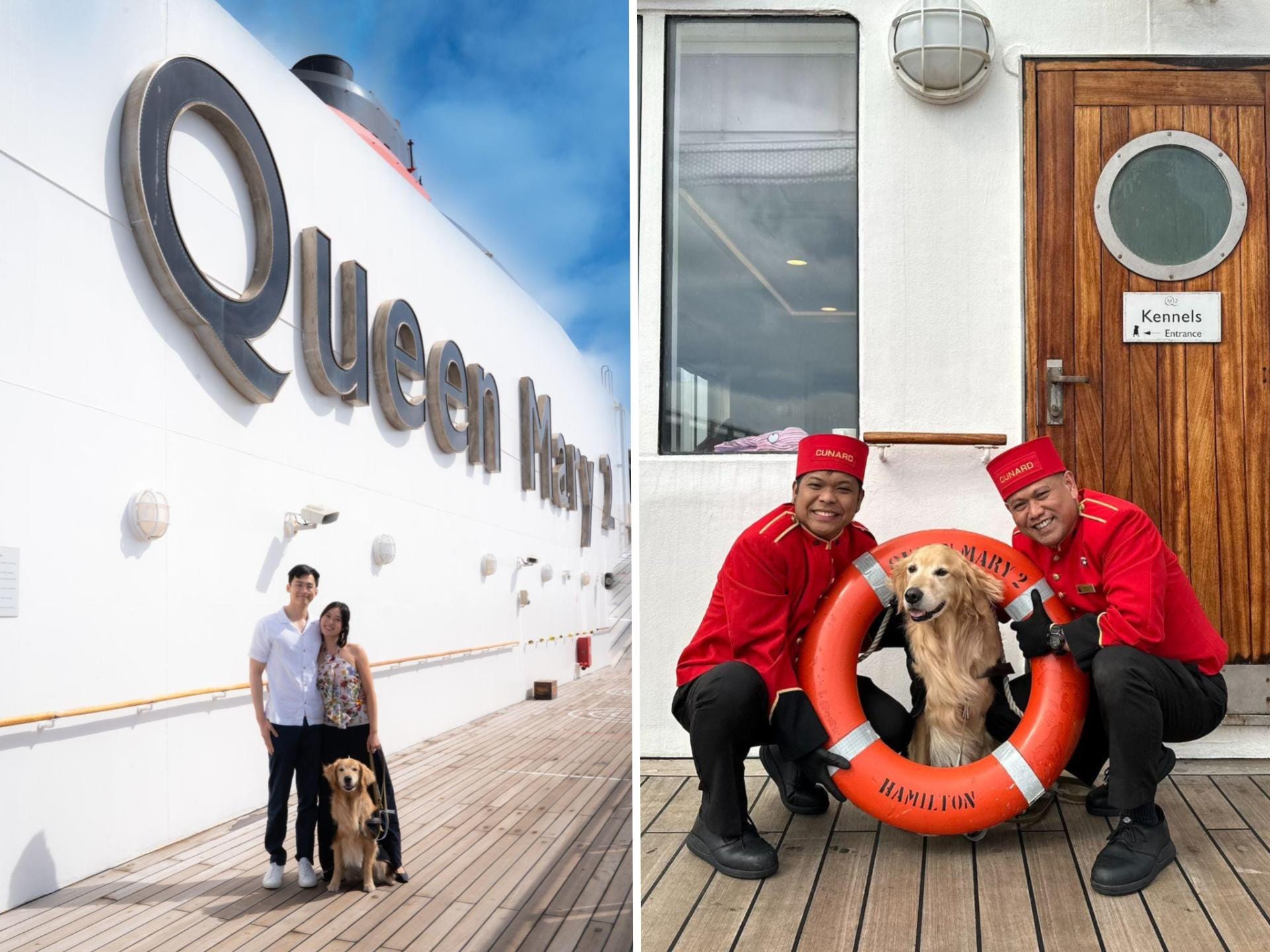 A side-by-side of a couple with their dog on the deck of a cruise and the same dog with two cruise staffers. He sits in the middle of a floatie.