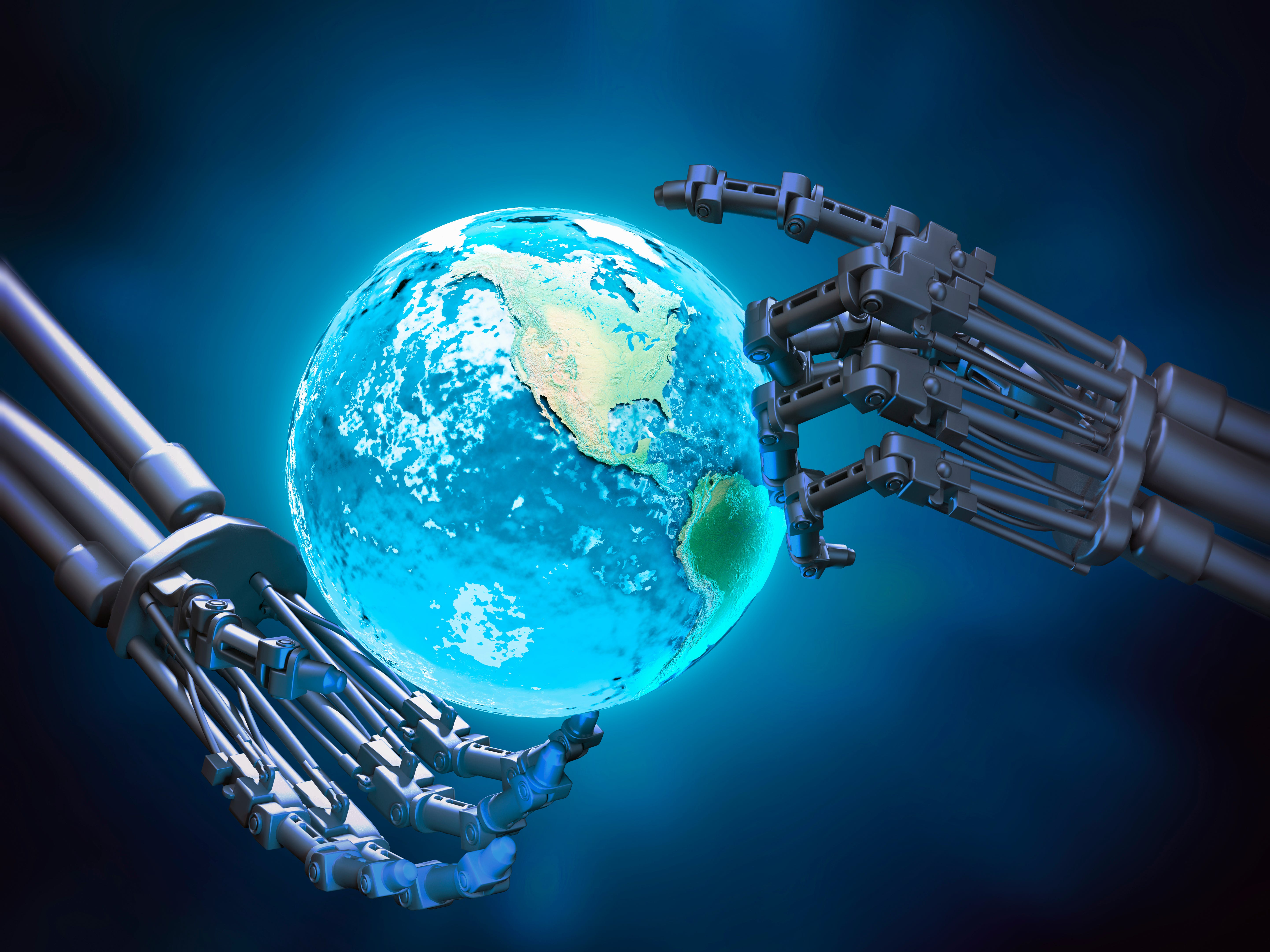 Robotic hands holding planet Earth