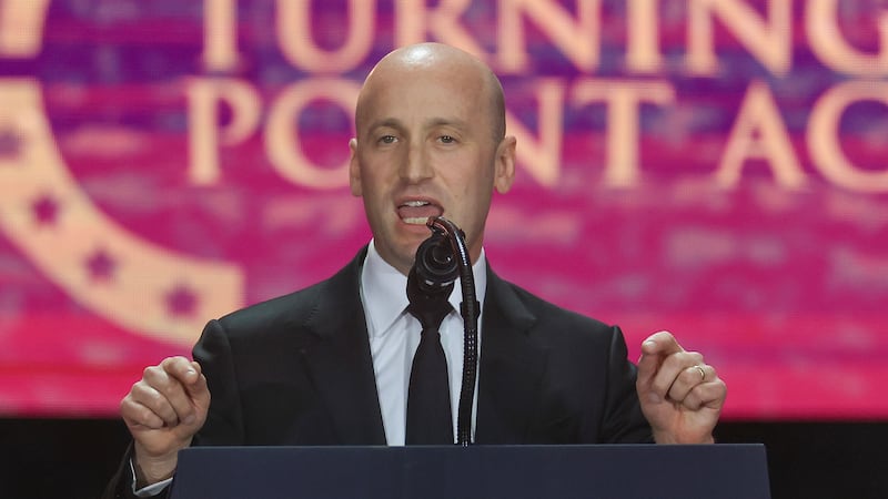 GLENDALE, ARIZONA - SEPTEMBER 21: White House Deputy Chief of Staff Stephen Miller speaks during the memorial service for political activist Charlie Kirk at State Farm Stadium on September 21, 2025 in Glendale, Arizona. Kirk, the CEO and co-founder of Turning Point USA, was shot and killed on September 10th while speaking at an event during his "American Comeback Tour" at Utah Valley University.