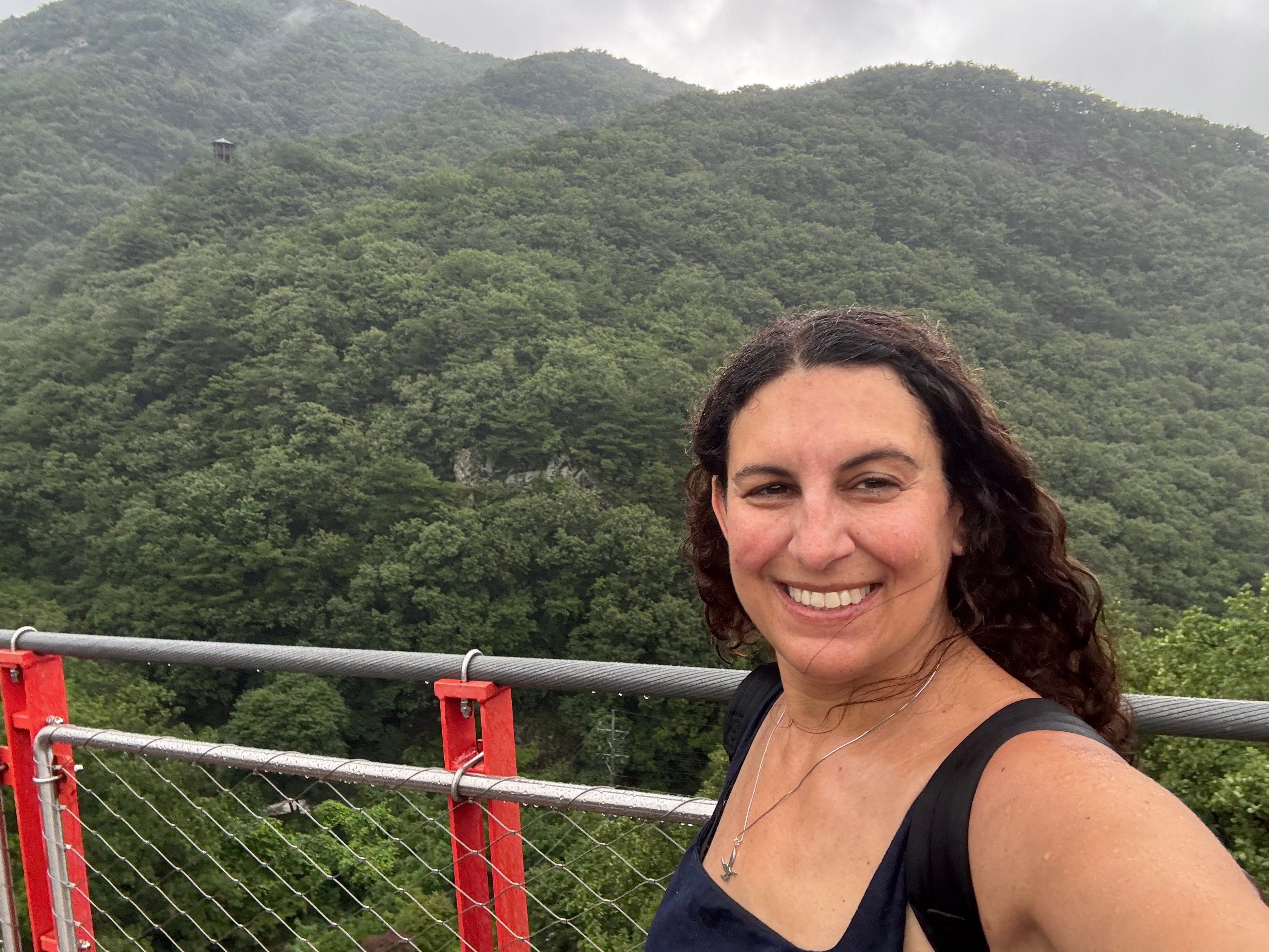 Author Jamie Davis Smith smiling in front of tree-coverde mountains in selfie