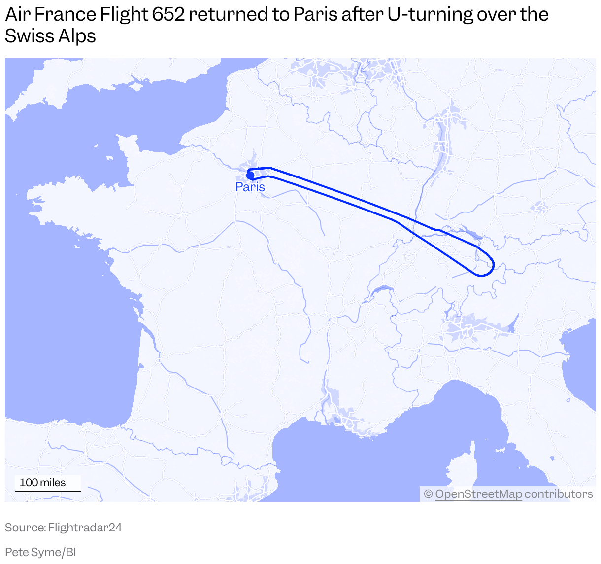 The flight path of Air France Flight 652 on Friday 24 October, which departed Paris then U-turned over the Swiss Alps to return to Charles de Gaulle Airport.