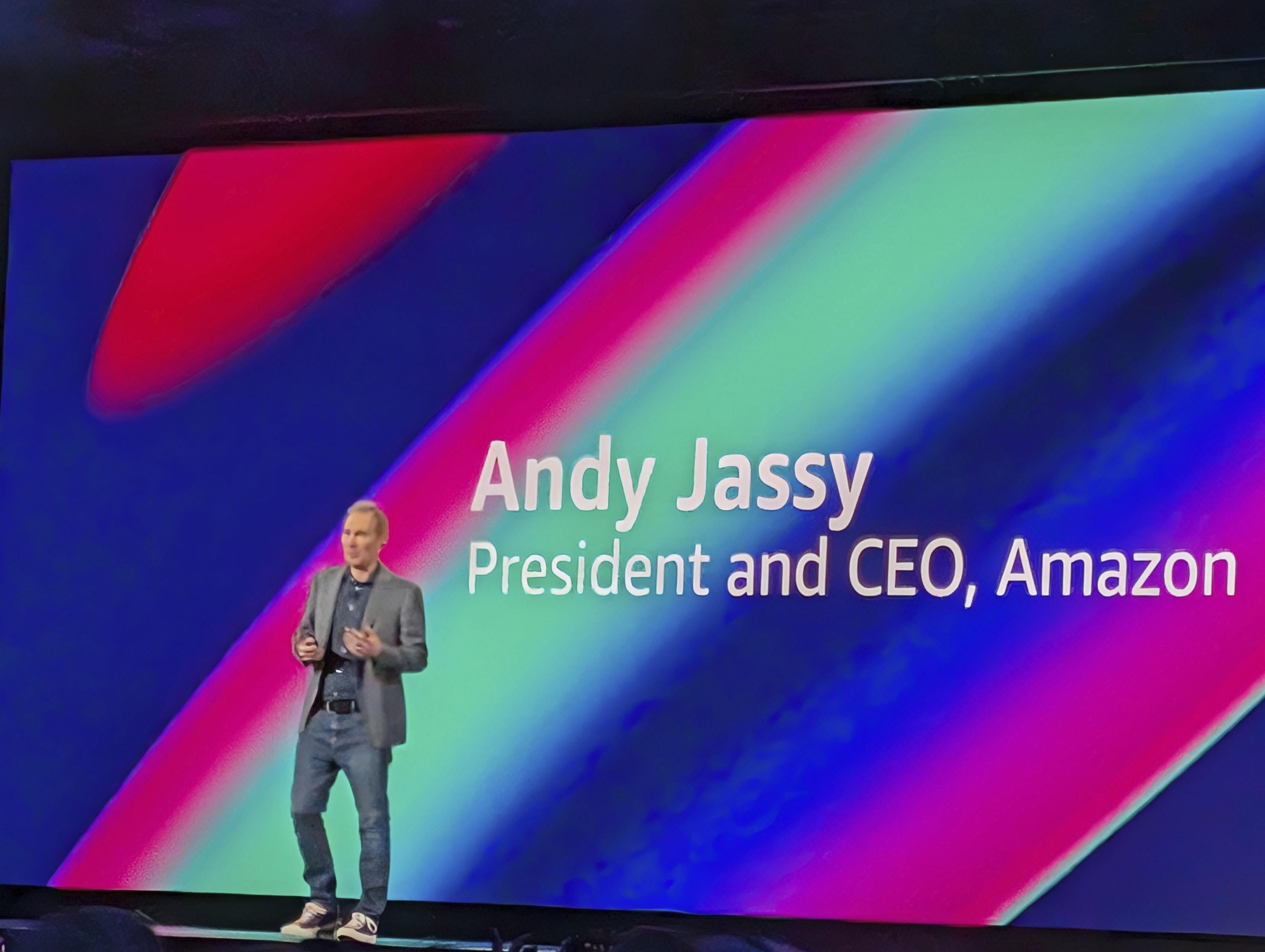 Amazon CEO Andy Jassy gives a speech at an event in Las Vegas