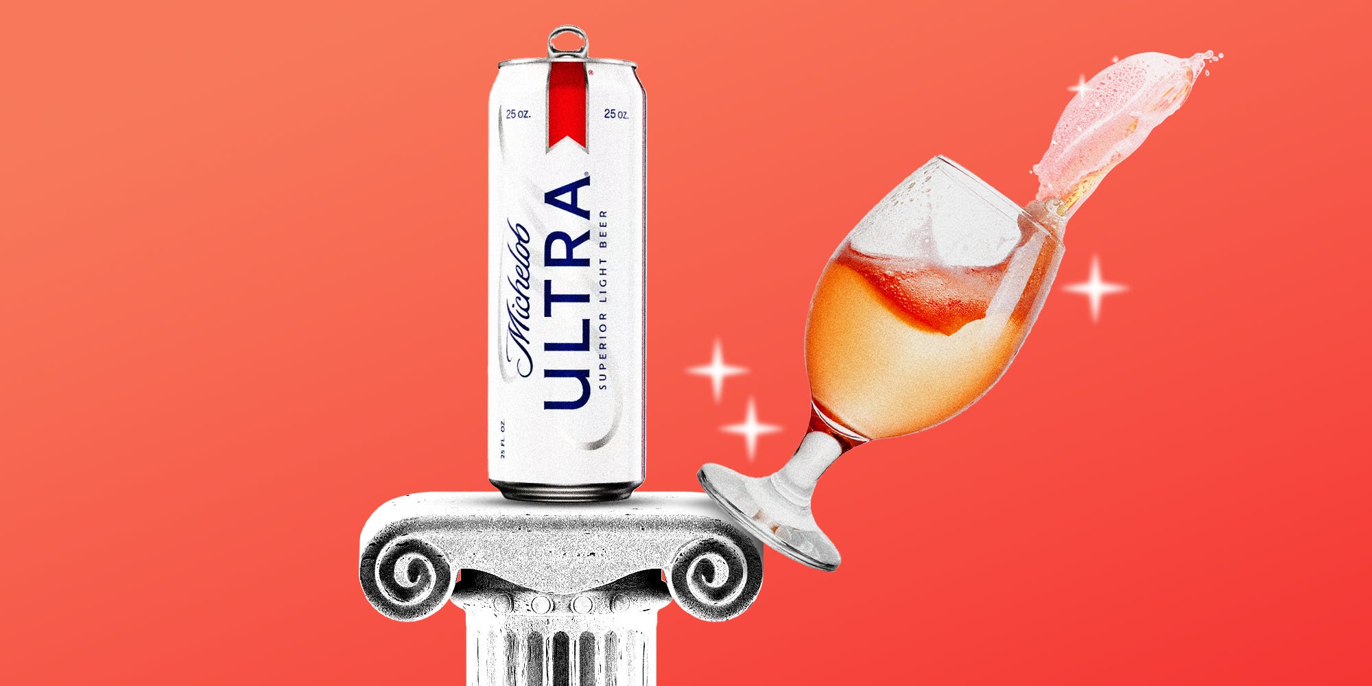 A Michelob Ultra on a pedestal and a craft beer glass falling off