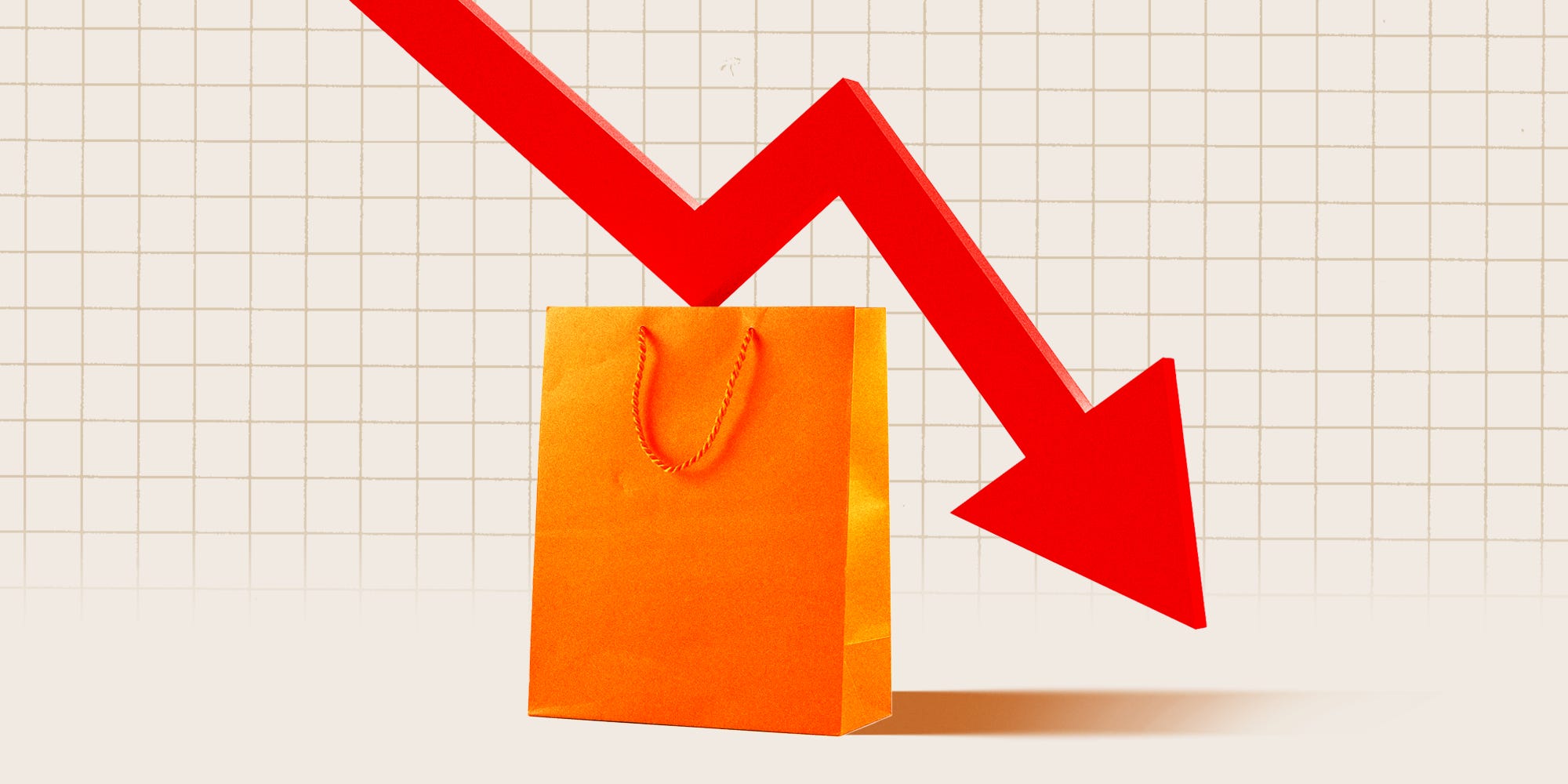 A downward stock arrow bouncing off a shopping bag