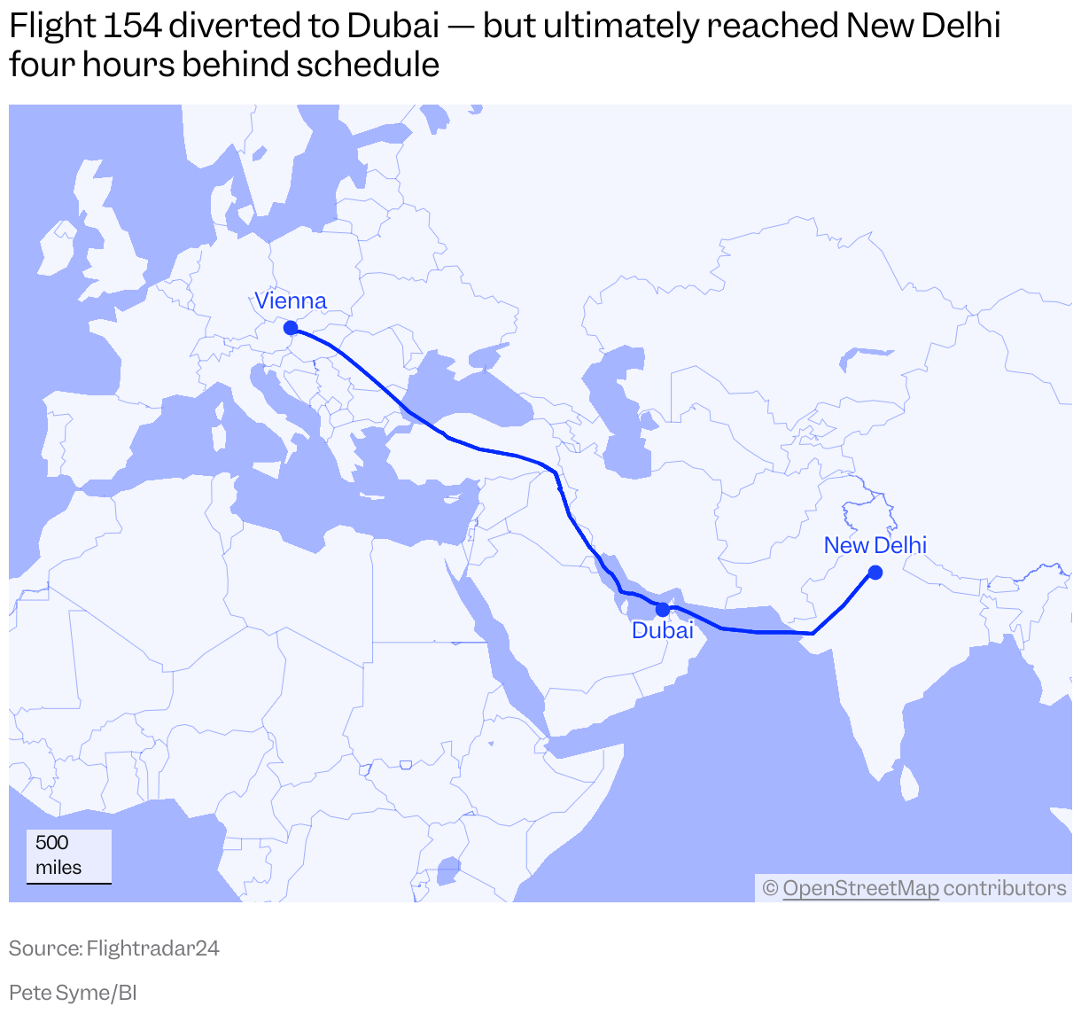 A map showing the path of Air India Flight 154 on October 9, 2025, from Vienna to Dubai and then onto New Delhi.