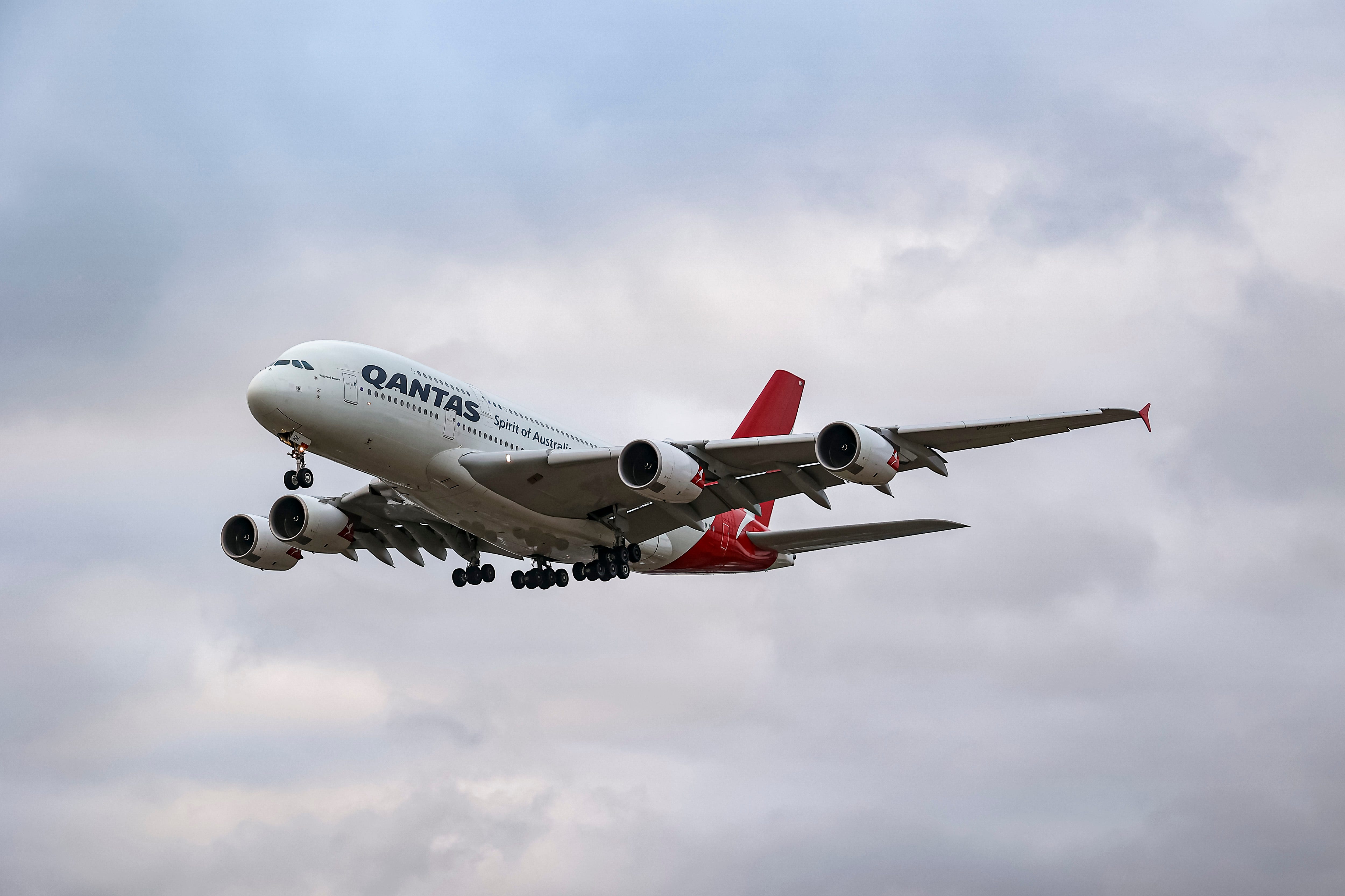 Qantas Airbus A380 aircraft as seen flying and landing at London Heathrow Airport LHR.