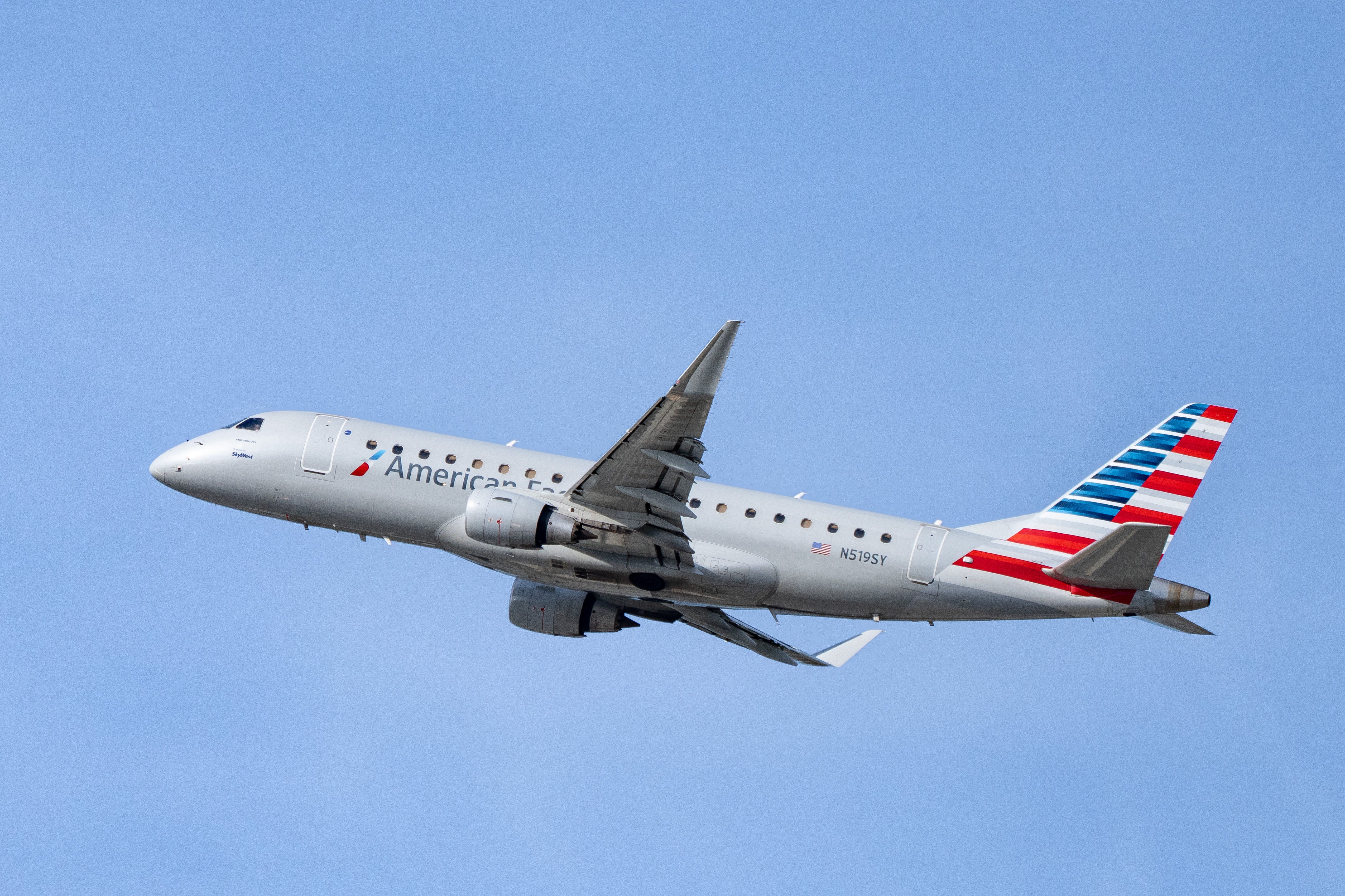 An American Eagle American Airlines Embraer E175LR takes off from Los Angeles International Airport on January 24, 2025 in Los Angeles, California.
