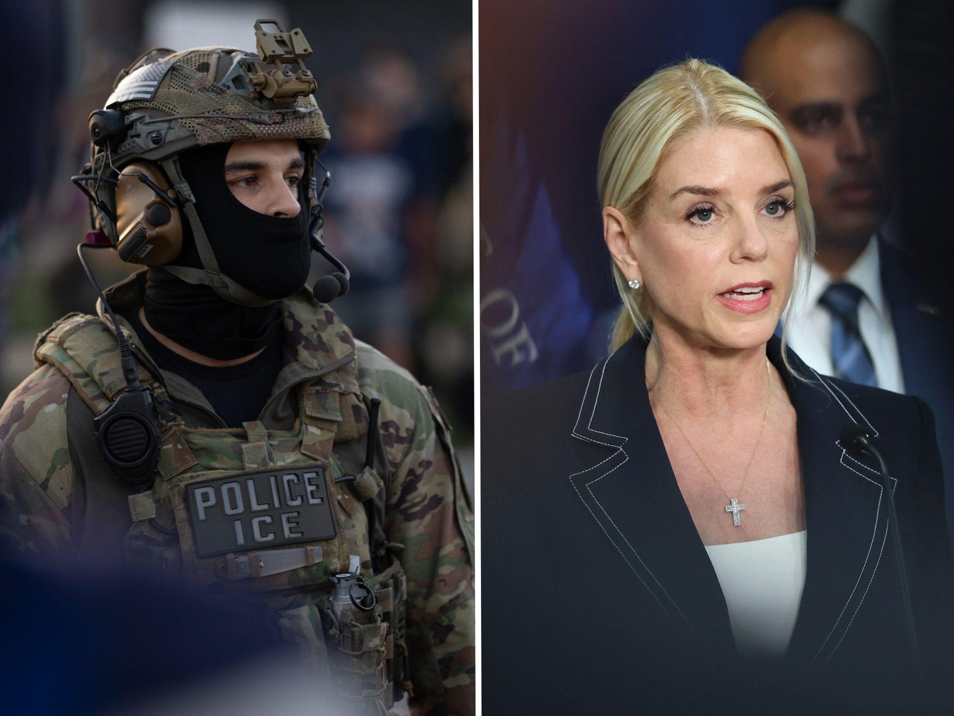 Split image of an ICE agent on the left and Attorney General Pam on the right