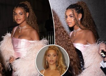 Beyoncé’s look-alike daughter Blue Ivy goes glam in pink feathers at the 2025 Angel Ball