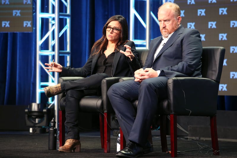 BEVERLY HILLS, CA - AUGUST 09:  (L-R) Co-creator/Executive Producer/Writer/Director/Actor Pamela Adlon (L) and Co-creator/Executive Producer/Writer Louis C.K. of 'Better Things' speak onstage during the FX portion of the 2017 Summer Television Critics Association Press Tour at The Beverly Hilton Hotel on August 9, 2017 in Beverly Hills, California.  (Photo by Frederick M. Brown/Getty Images)