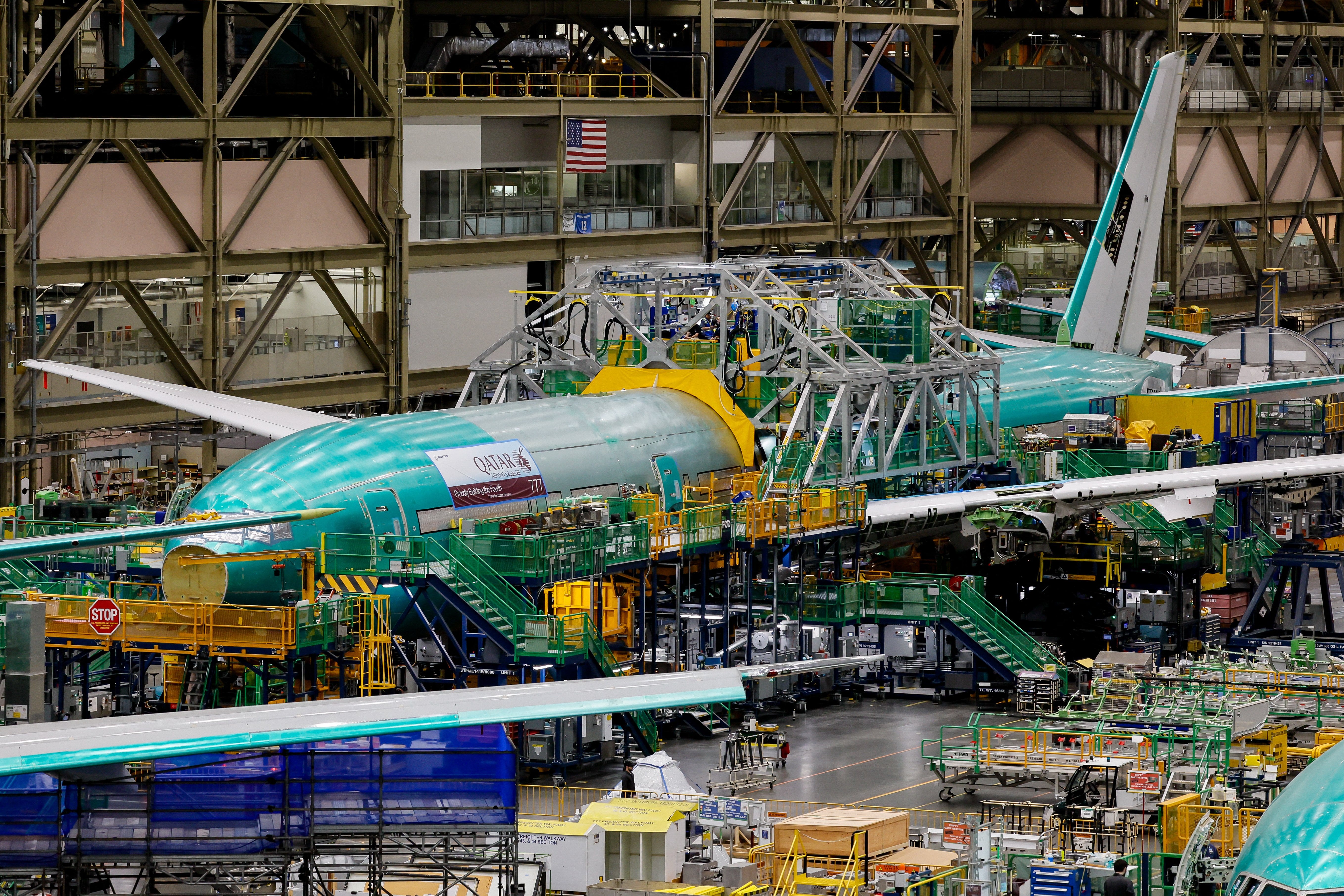 A Qatar 777X is being built on the assembly line at Boeing's factory in Washington.