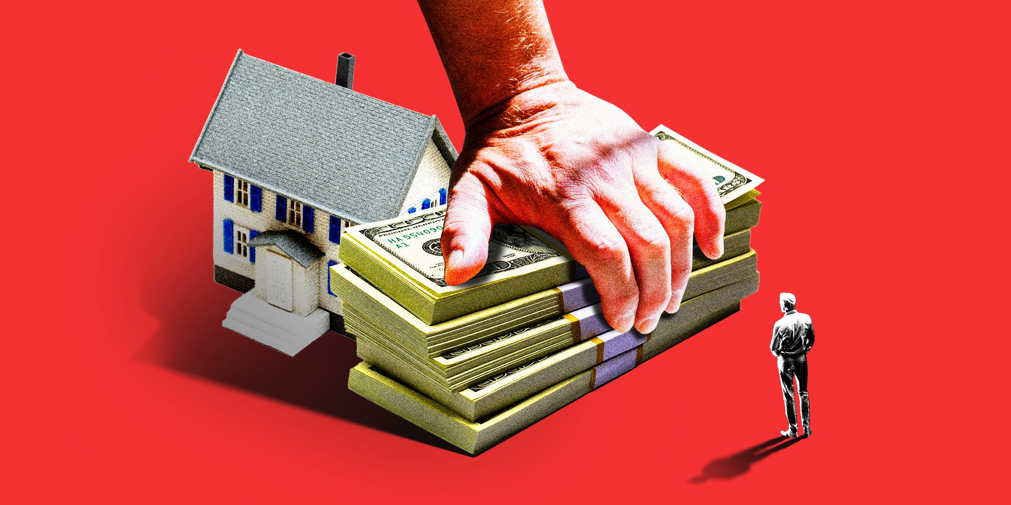 A Boomer's hand gripping onto a stack of cash and a house while a younger individual stares