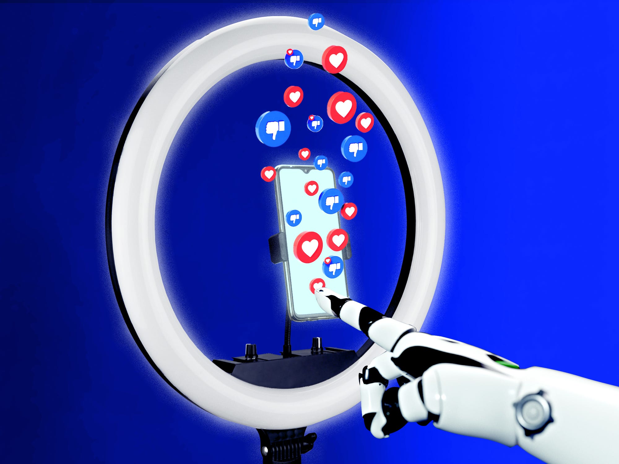 A robot hand, mobile phone on a ring light, with social media likes and dislikes.