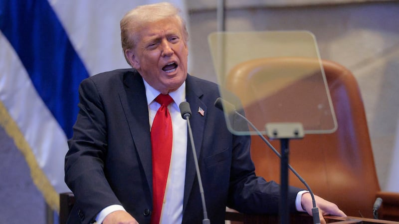 JERUSALEM - OCTOBER 13: U.S. President Donald Trump addresses the Knesset, Israel’s parliament, on October 13, 2025 in Jerusalem. President Trump is visiting the country hours after Hamas released some of the remaining Israeli hostages captured on Oct. 7, 2023, part of a US-brokered ceasefire deal to end the war in the Gaza Strip.