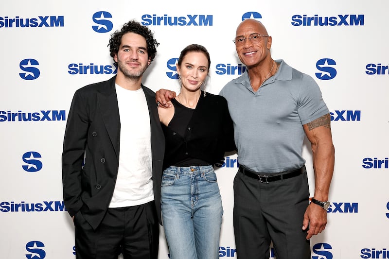 Benny Safdie, Emily Blunt, and Dwayne Johnson at SiriusXM Studios on Oct. 2, 2025 in New York City.