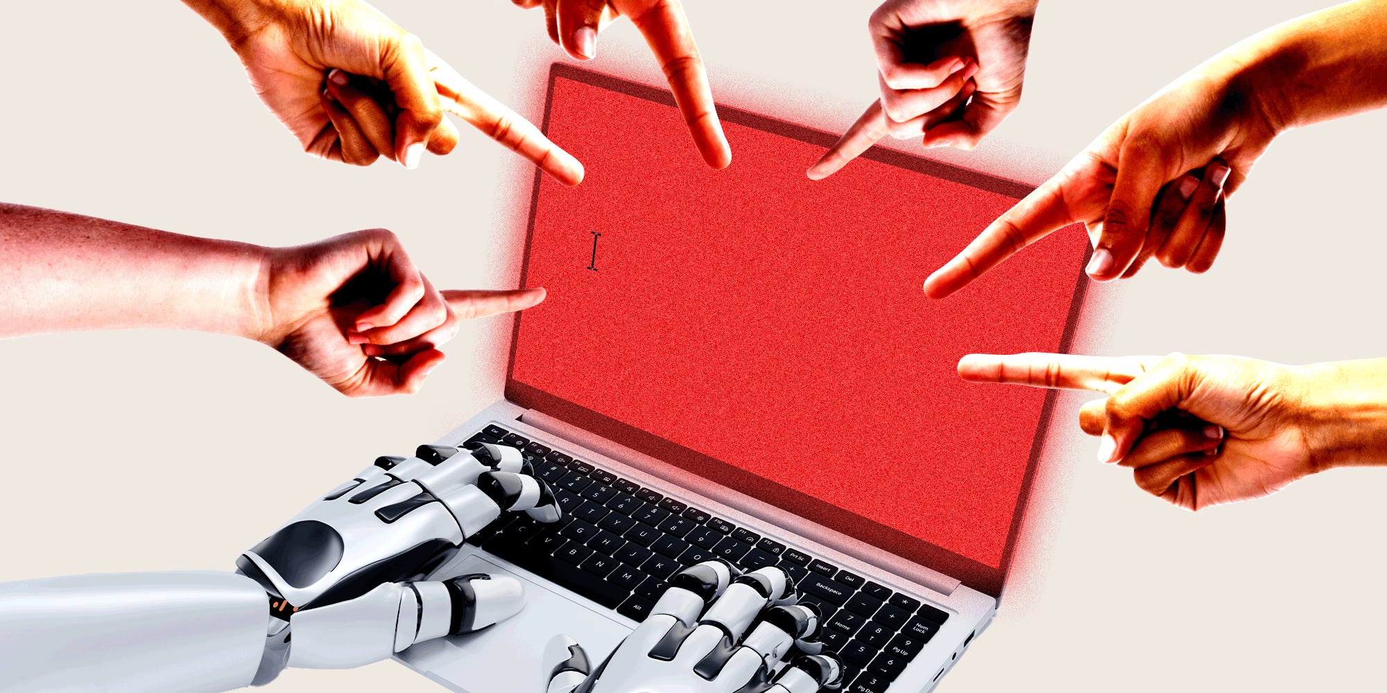 Multiple hands pointing toward a robot typing on a laptop with a glowing red screen.