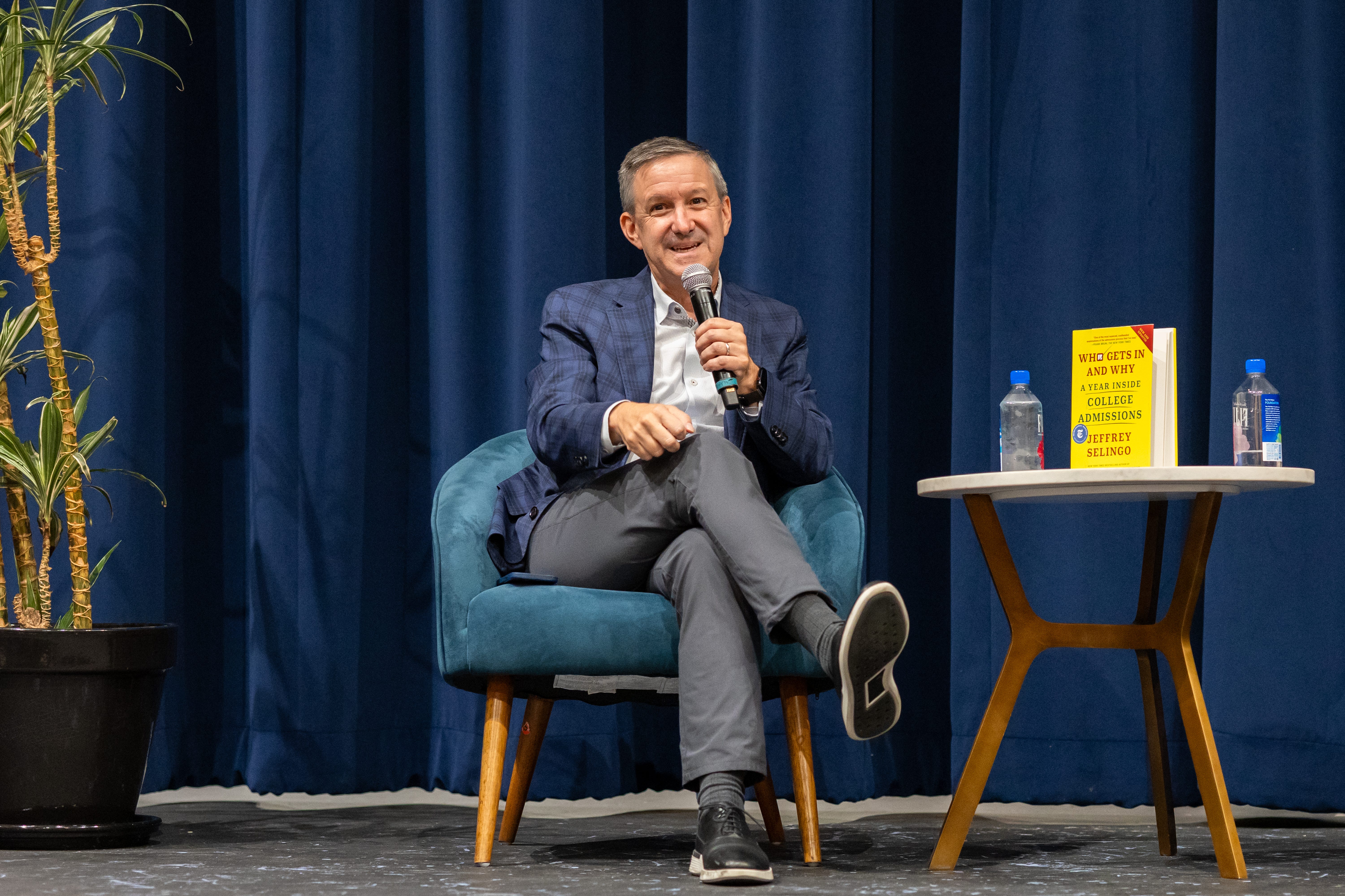 Jeffrey Selingo speaks at a fireside chat at Marlborough School while promoting his book,