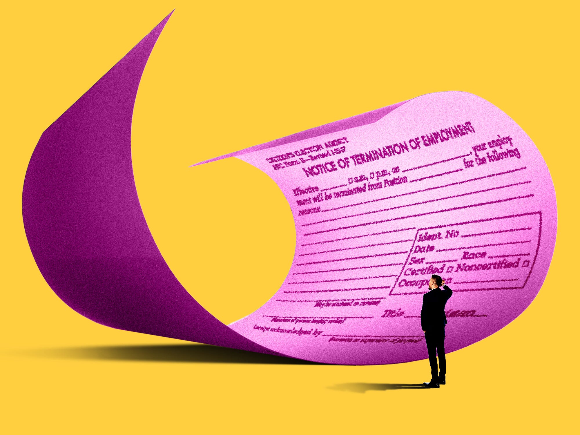 A layoff pink slip rolling similarly to a wave in front of a businessman