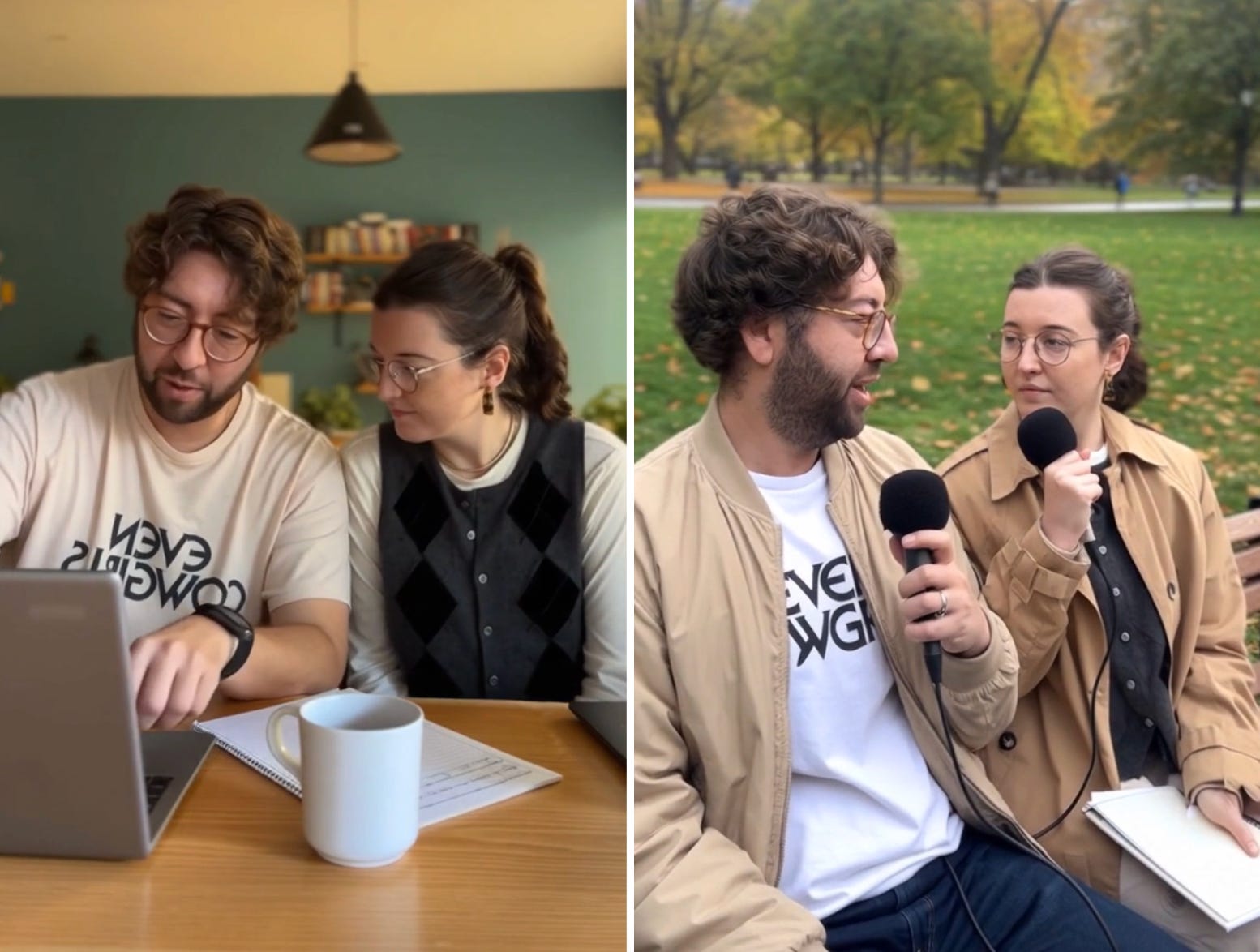 Two screengrabs of Sora videos, one of Geoff and Sydney in front of a laptop, the other of them holding microphones in Central Park.
