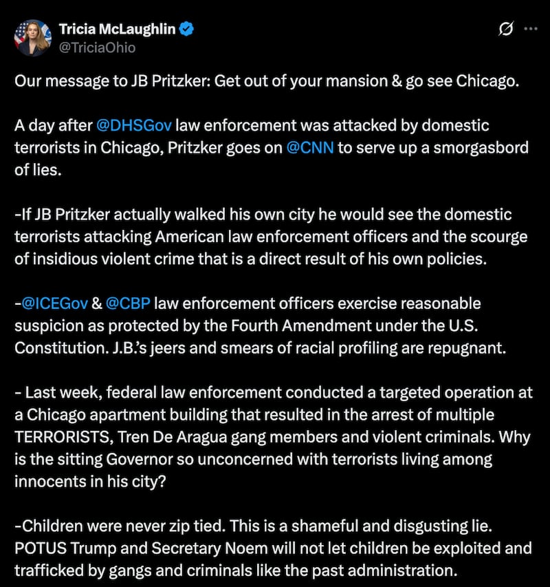 DHS comms chief Tricia McLaughlin ranted at Pritzker on social media.