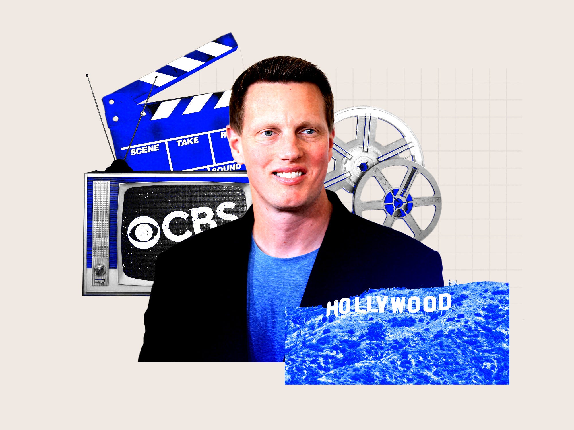 US producer David Ellison surrounded by the CBS logo, Movie clapper board, film reels and the Hollywood Sign.